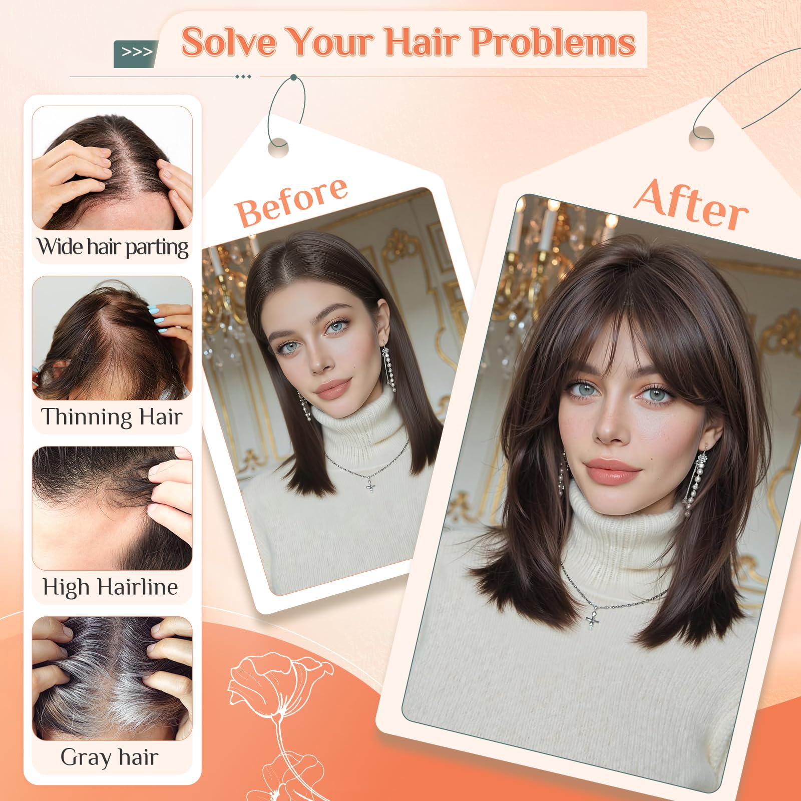 Benehair Haar Toppers für Frauen Echthaar Topper für Dünner Werdendes Haarteil #04 Schokoladenbraun Leichtes Toupets für Frauen Mit Pony-14g 27 CM
