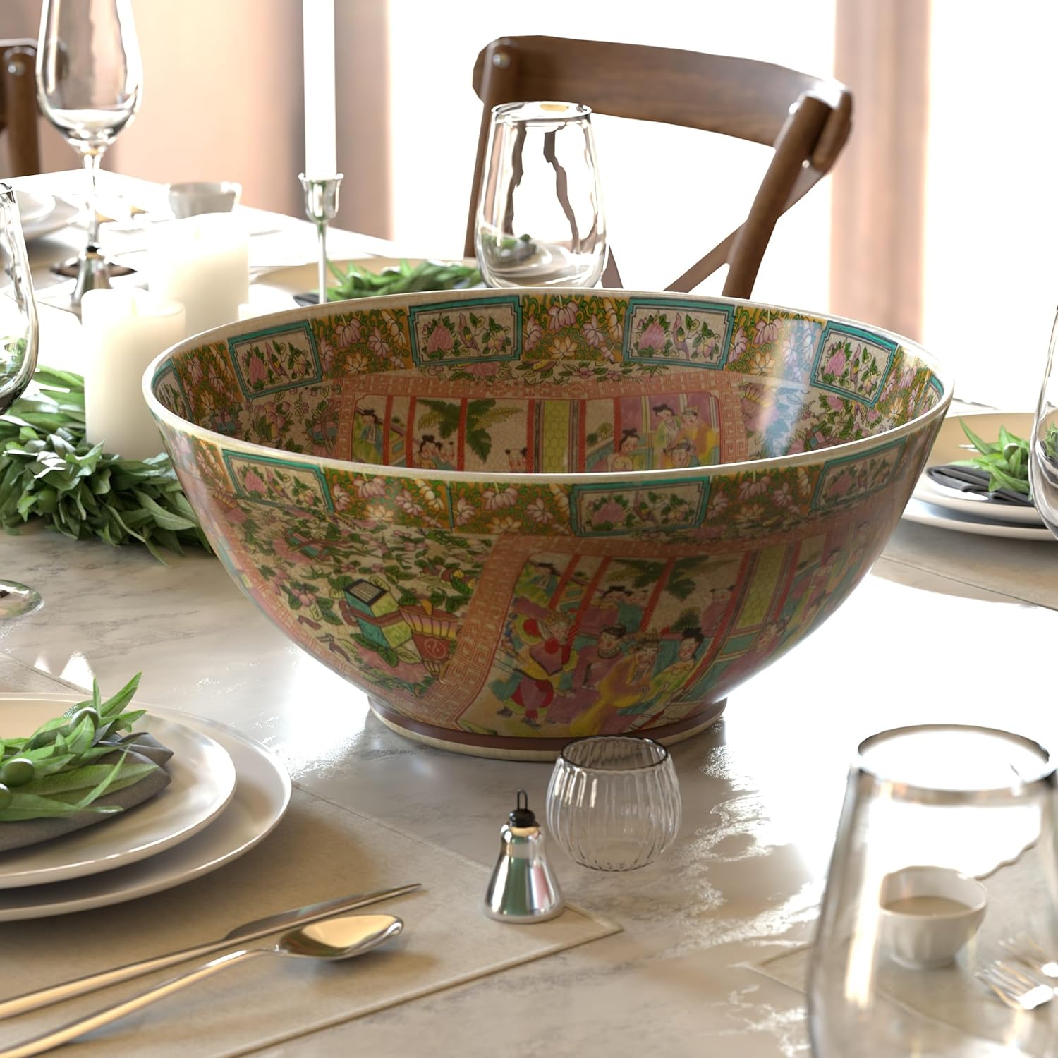 Red Lantern Oriental Furniture 14" Rose Medallion Porcelain Bowl, Large, Multicolor