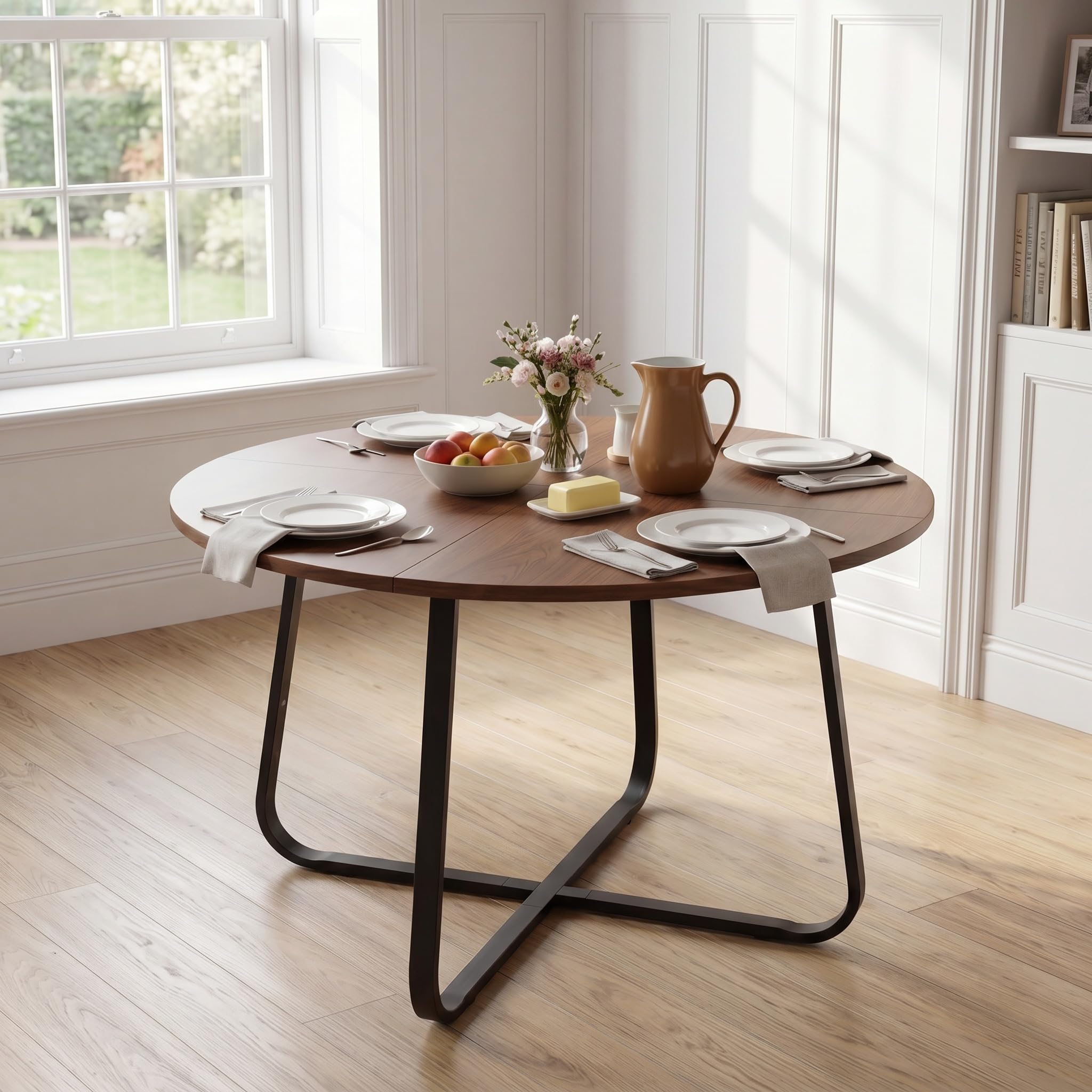 Turosur 47'' Round Dining Table, Modern Wooden Kitchen Tables with Metal Leg for 4-6 People, Circle Coffee Tables for Kitchen, Living Room Walnut 120 cm