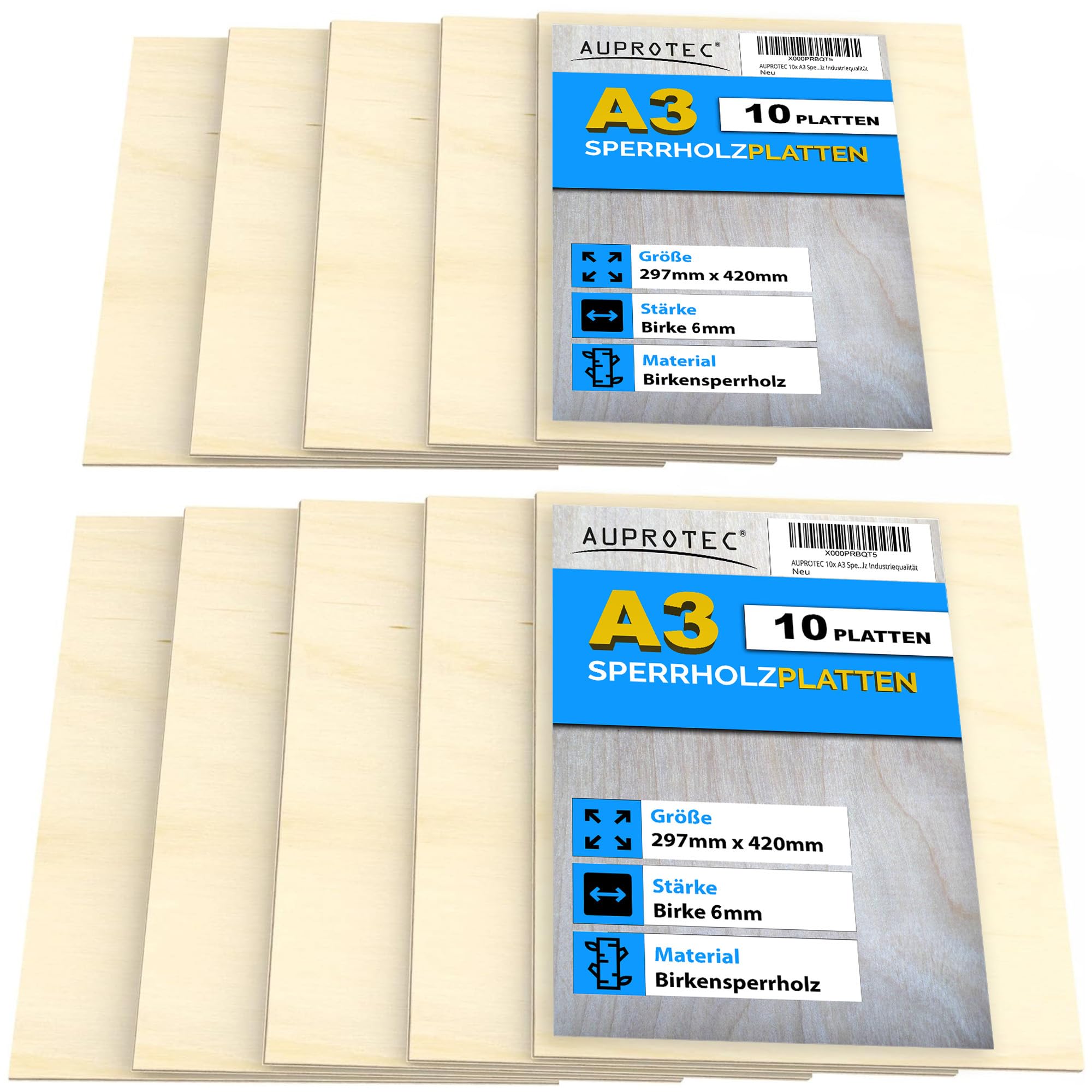 AUPROTEC 10x A3 Sperrholz-Platten Birke 6mm Multiplexplatten (297 mm x 420 mm) Bastel- und Laubsäge-Holzplatten Birke Massiv Multiplex Holz Industriequalität