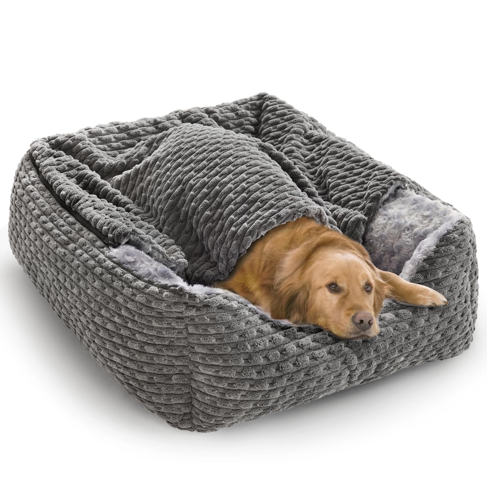 Extra Large Dog Bed Rectangle Large Pet Beds Grey, Hooded Pet Cave Bed with Designed for Wheat Grain, Soft Rose Fluff XL Dog Cave With Nonskid Bottom, 90x65x23cm