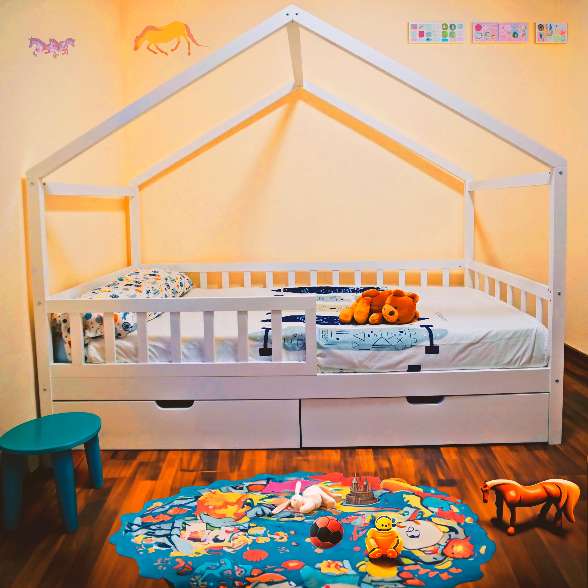 Unicview Cama Infantil Estilo cabaña de Madera Maciza con 2 cajones, Valla y somier, 90 x 200 cm, Color Blanco (sin colchón)