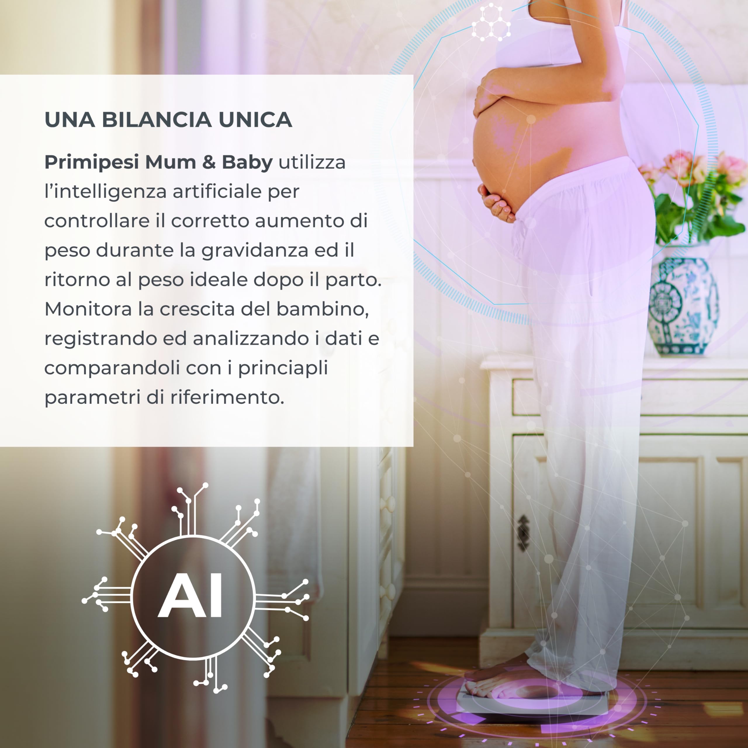 Nuvita 1330 PrimiPesi Bilancia Bluetooth Smart Mamma & Bambino - Controllo della Crescita e del Peso con AI per Madre e Figlio, Design Moderno e Portatile, compatibile con App Nuvita Baby