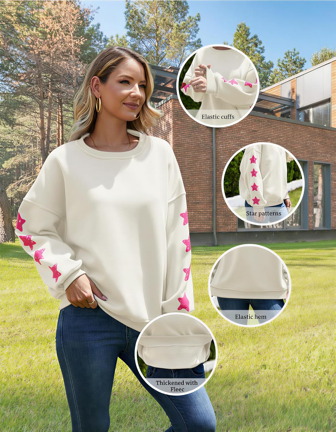 Women's Oversized Crewneck Sweatshirt, Thickened with Fleece, Star Sleeves, Long Sleeve Pullover Top - Image 6