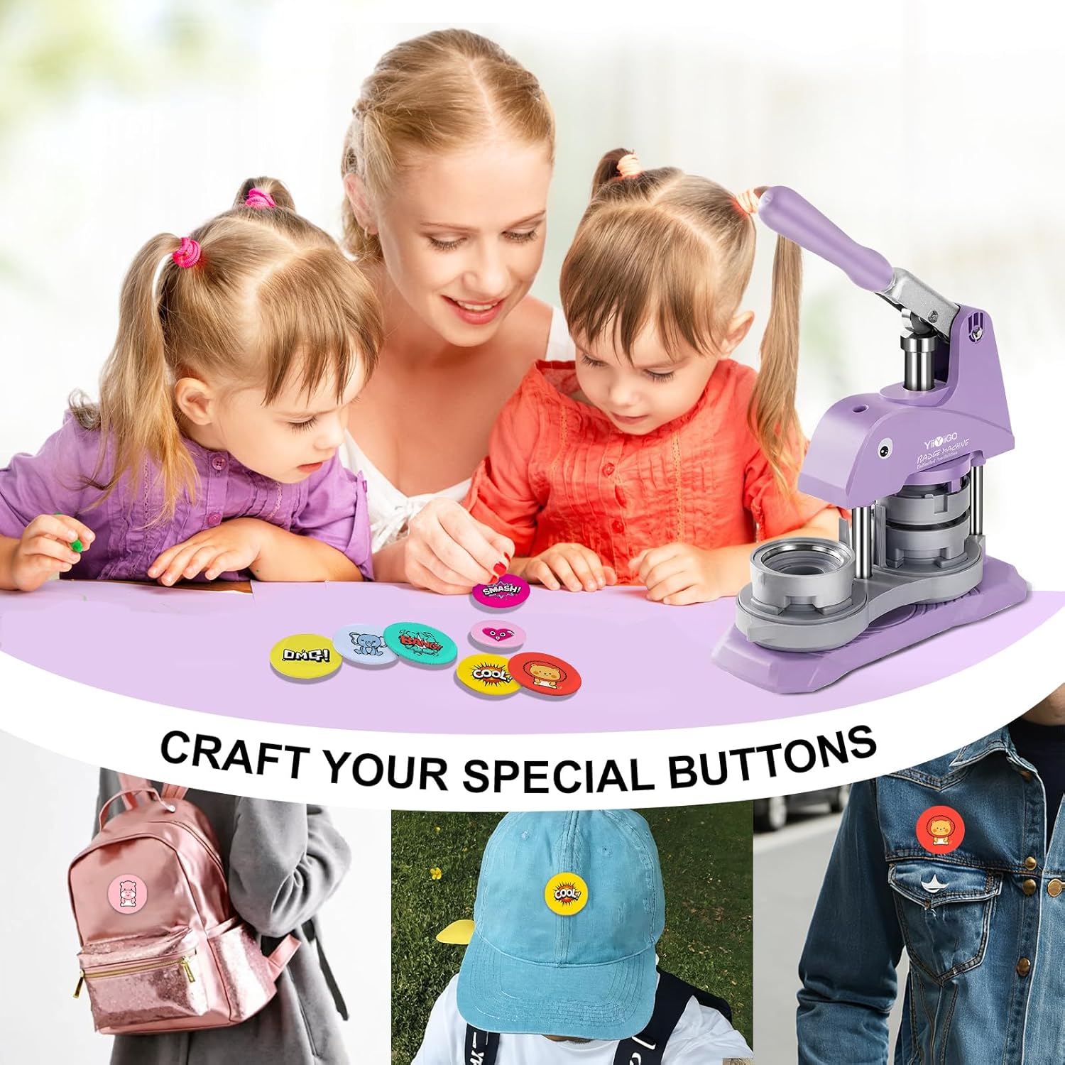 Button Maker Machine Multiple Sizes, 1+1.25+2.25 inch Installation-Free Pin Maker Machine, Ideal Pin Press for Kids DIY with Free 300 Sets 25+32+58mm Button Making Supplies(Purple)