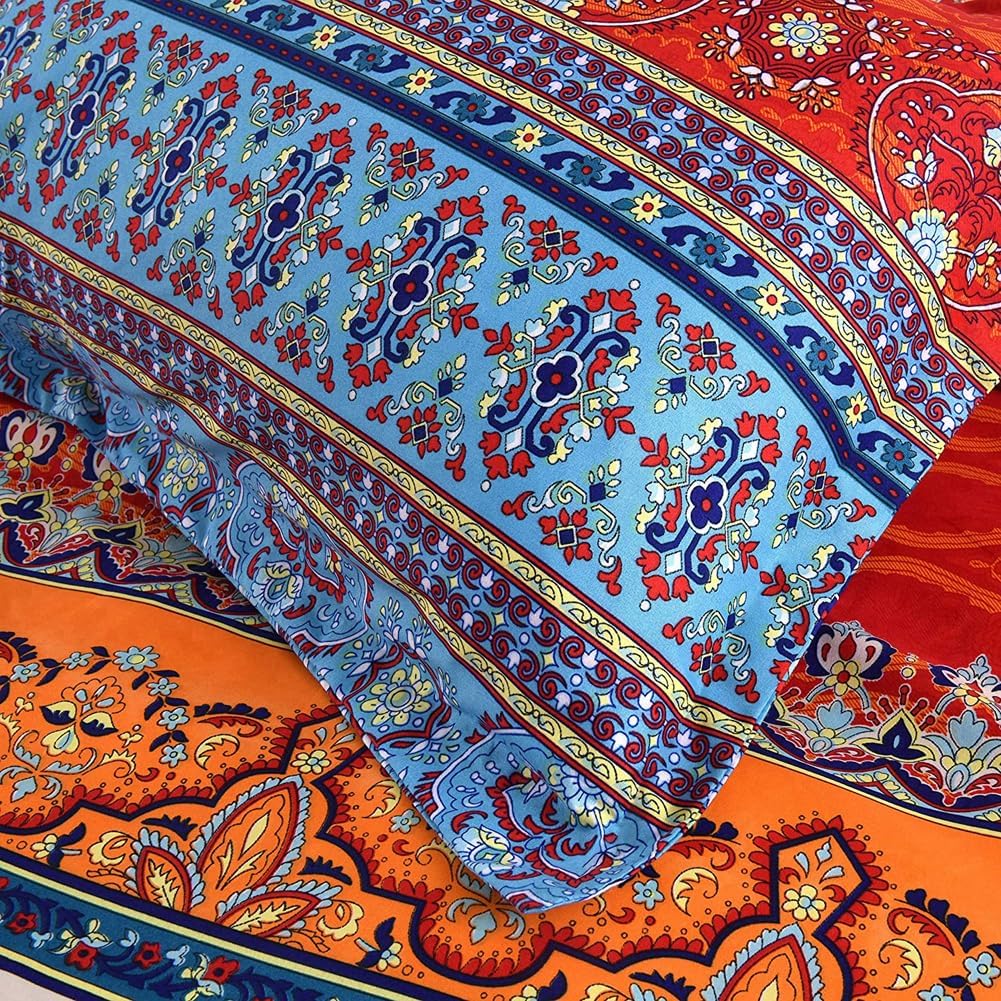 Boho Duvet Cover King, 3 Pieces Soft Lightweight Microfiber Duvet Cover Set, Multicolor Bohemian Bedding Comforter Cover Set with Zipper Ties, 1 Duvet Cover and 2 Pillowcases, No Comforter Red King