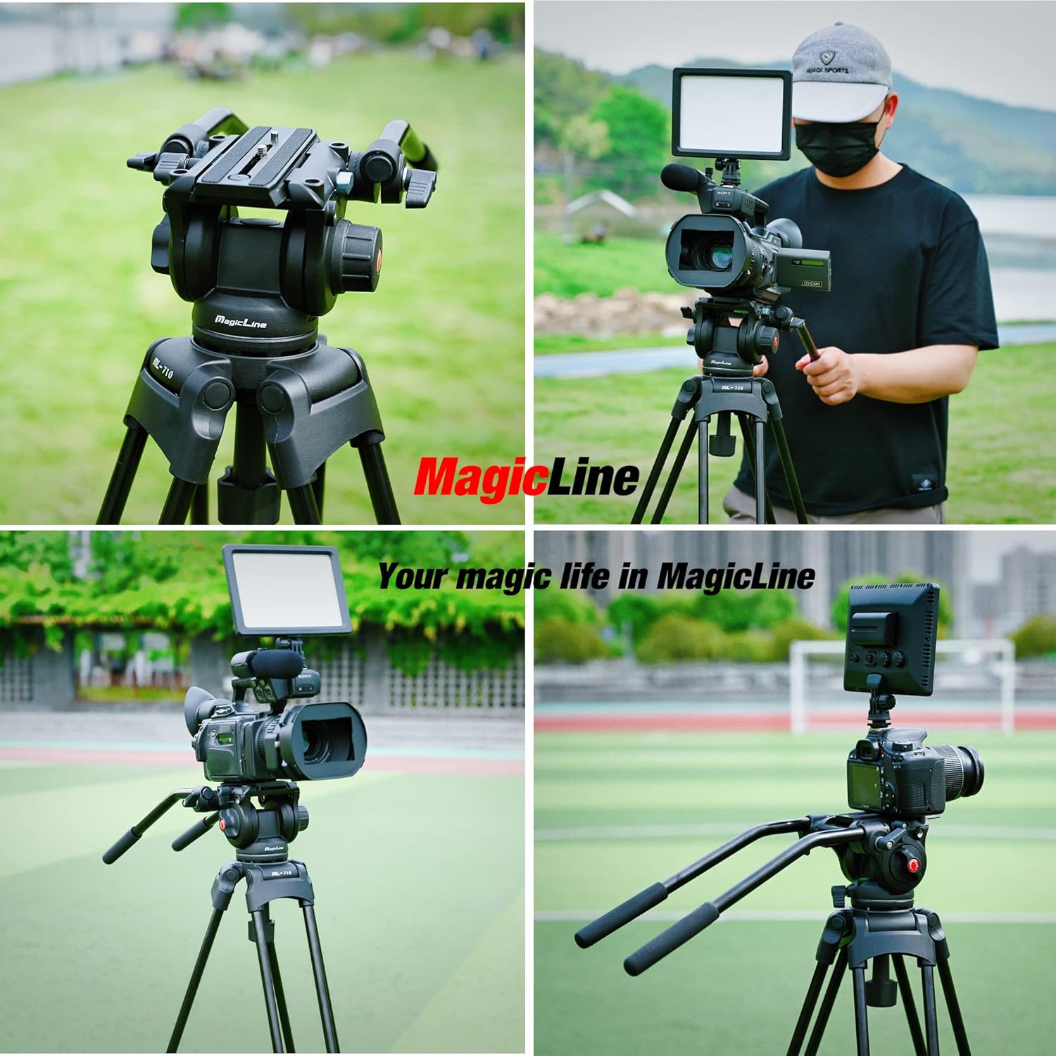 MagicLine 68.7" Aluminum Video Tripod,Heavy Duty Camera Tripod Stand with 2 Handles & 360°Fluid Head & Ground Spreader，2 QR Plates for DSLR Camcorder Cameras(Max Load 26.5 lb)