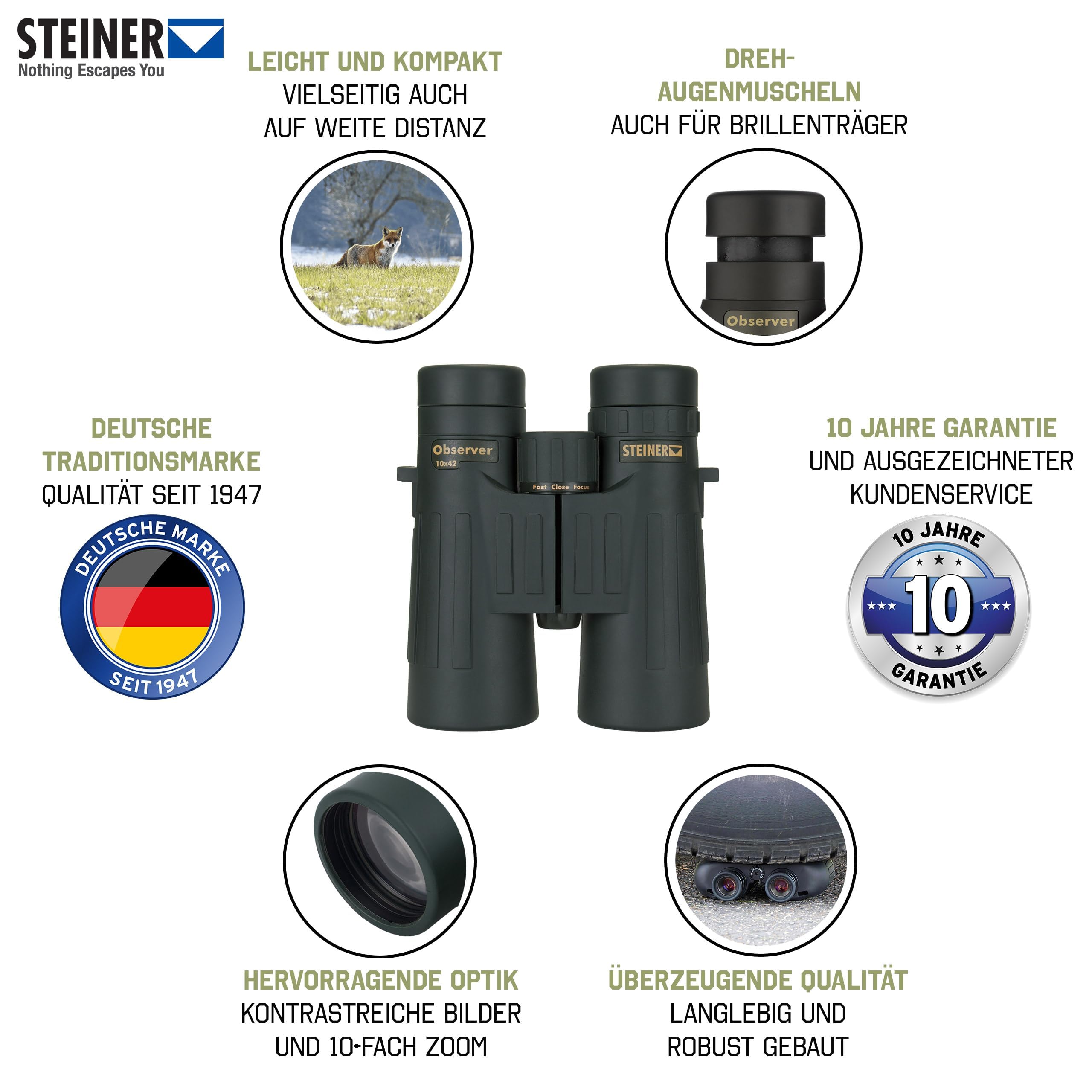STEINER Jagd-Fernglas Observer 10x42 - Deutsche Marken-Qualität, 10 Jahre Garantie, leichtes Dachkantdesign, kompakt, robust, 10-Fach Zoom, Profi-Jagdfernglas für jeden Einsatz