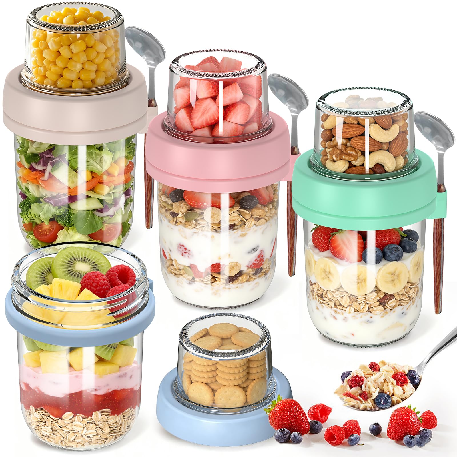 2 Pack Overnight Oats Containers with Lids and Spoons, 20 oz (16+4) Overnight Oats Jars, Glass Mason Jars with Dry and Wet Separation for Oatmeal Salad Yogurt, Dual-Layer Yogurt Containers with Lids