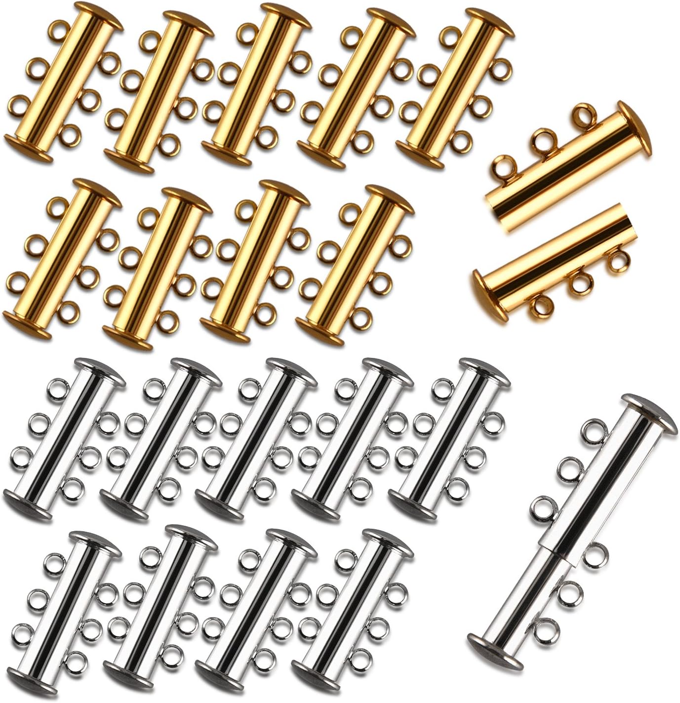 I-MART Pack of 20 Multi 3 Strand Slide Lock Clasps, Connectors for Necklace/Bracelet Jewelry Findings, 10 Pcs Silver & 10 Pcs Gold Plated Brass