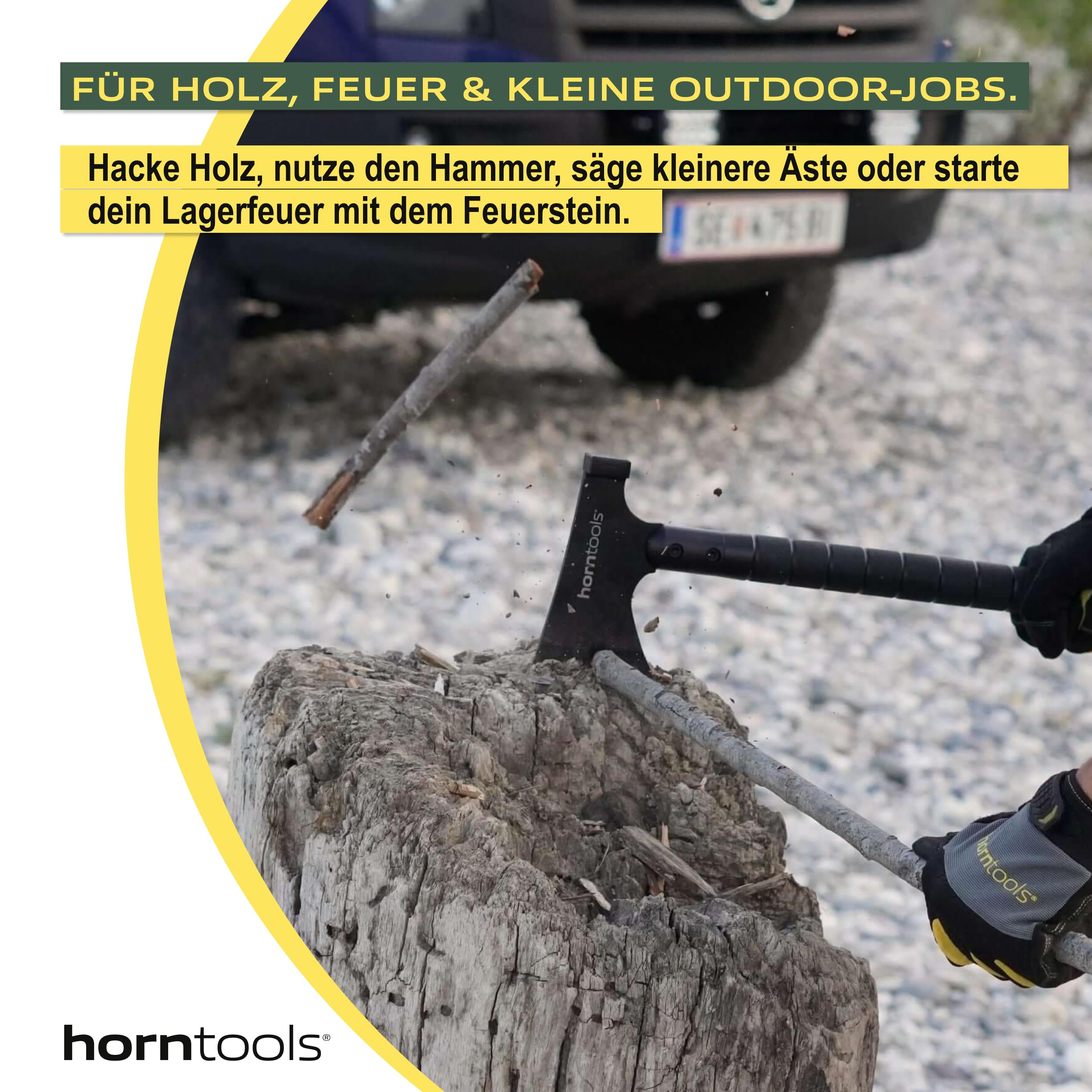 HORNTOOLS Outdoor Axt Survivor - Handbeil Set für Camping, Wandern & Outdoor - Multitool Camping Beil mit Hammer, Säge, Messer, Kompass, Feuerstein, Alarmpfeife, Körner - 850g, 34cm