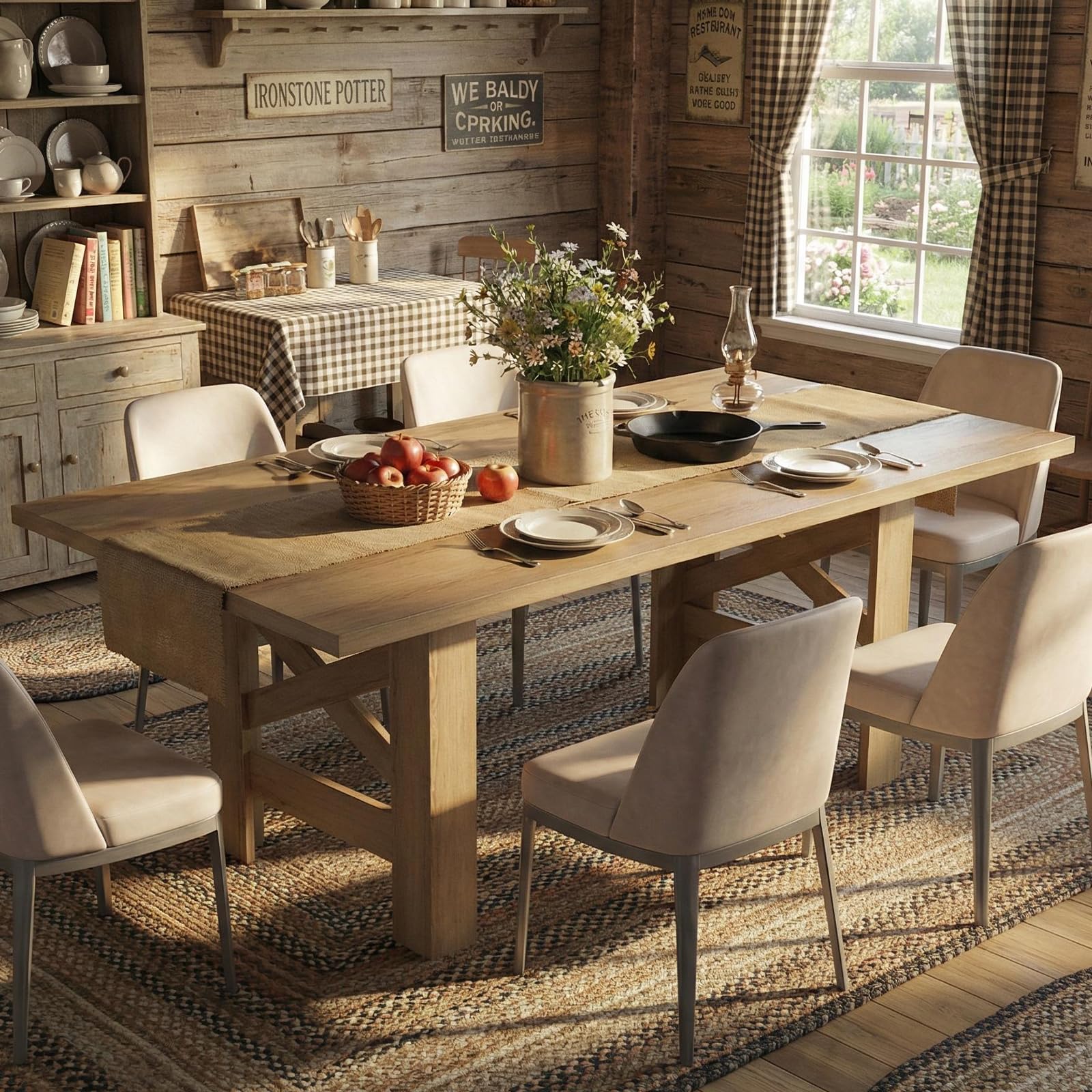 Photo 1 of IDEALHOUSE 71" Long Dining Table for 6-8, Farmhouse Wooden Barn Kitchen Table for 6, Triangular Legs, Large Dining Room Table w/Thickened Tabletop, Sturdy Frame, for Dinner, Kitchen, Office, Natural