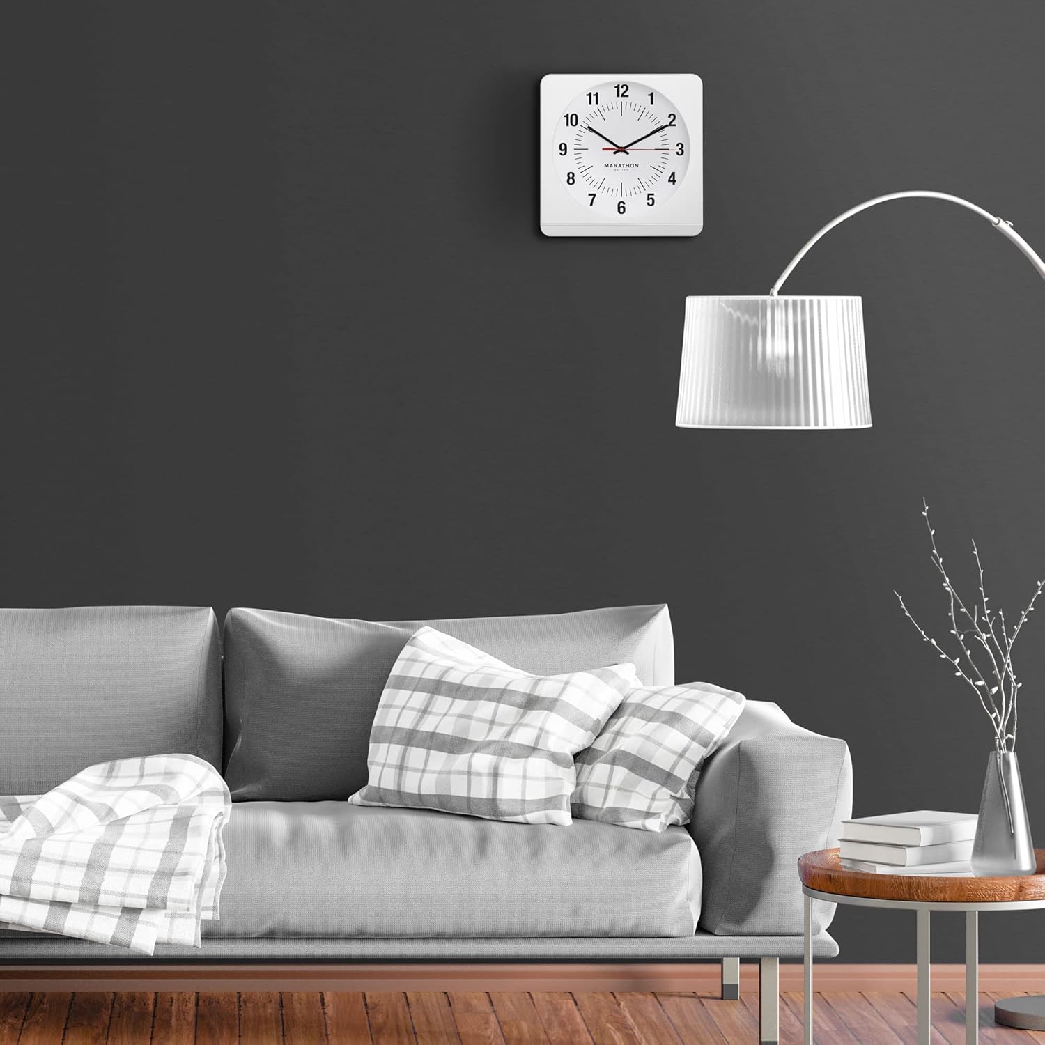 Marathon Classic Silent Non-Ticking Wall Clock | 12” Square Wall Clock That is Easy to Read | Warm Amber Auto Backlit | Elegant Mantel Clock