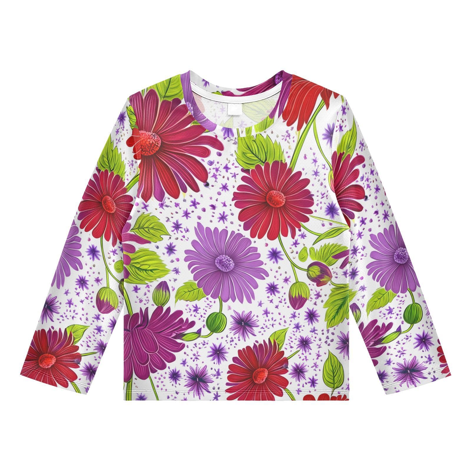 Purple Blossom Leaves Floral White Boy's Rash Guard Swim Shirt Long Sleeve Sun Shirt for Kids Toddler UPF50+ 4T