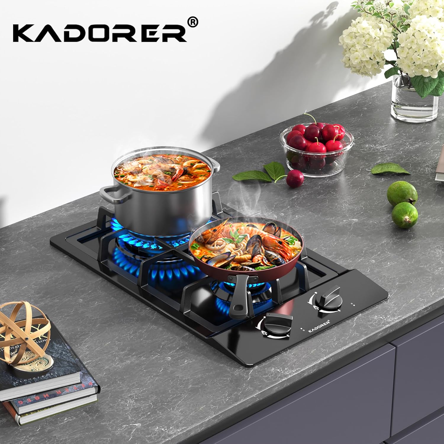 12 inch Gas Cooktop, Bulit-in Gas Stove Top with 2 Burner, NG/LPG Convertible Cooktops, Dual Burner Propane Cooktop with Thermocouple Protection, Stainless Steel