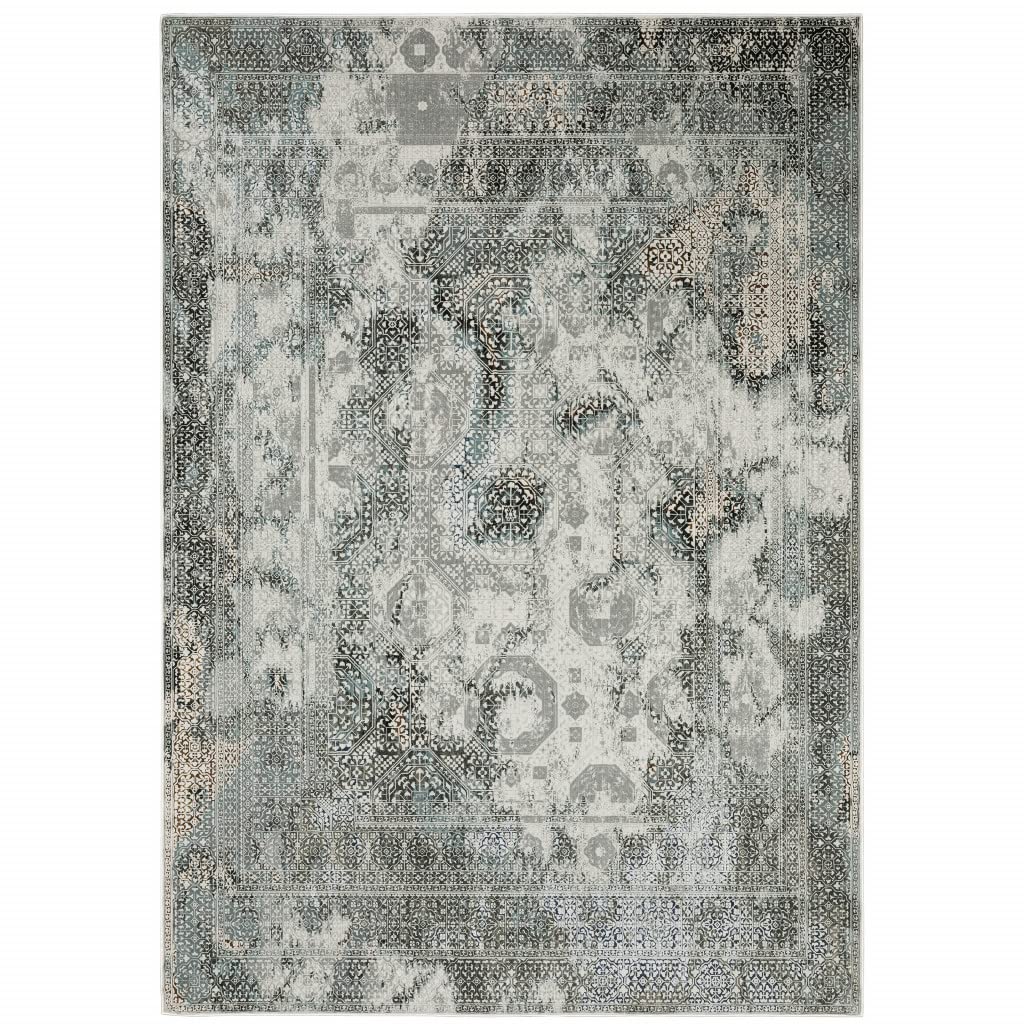 10 x 13 ft. Ivory Gray Charcoal Blue & Rust Oriental Power Loom Stain Resistant Rectangle Area Rug
