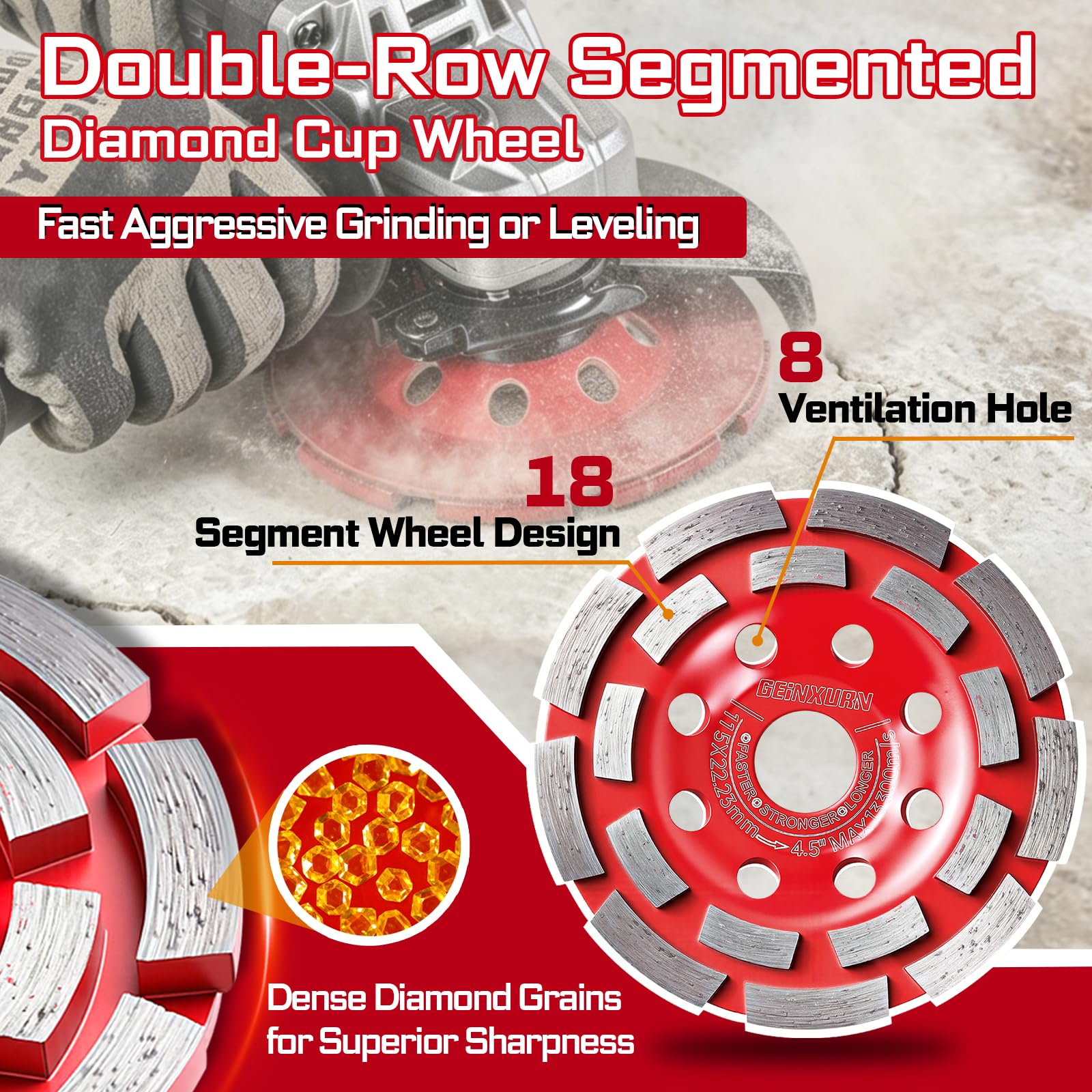 GEINXURN 8 Stück 11,4 cm Doppelreihige segmentierte Diamantschleifscheibe für 2,2 cm Dorn Winkelschleifer Polieren und Reinigen von Beton, Granit, Stein, Marmor, Zement, Stein, Mauerwerk
