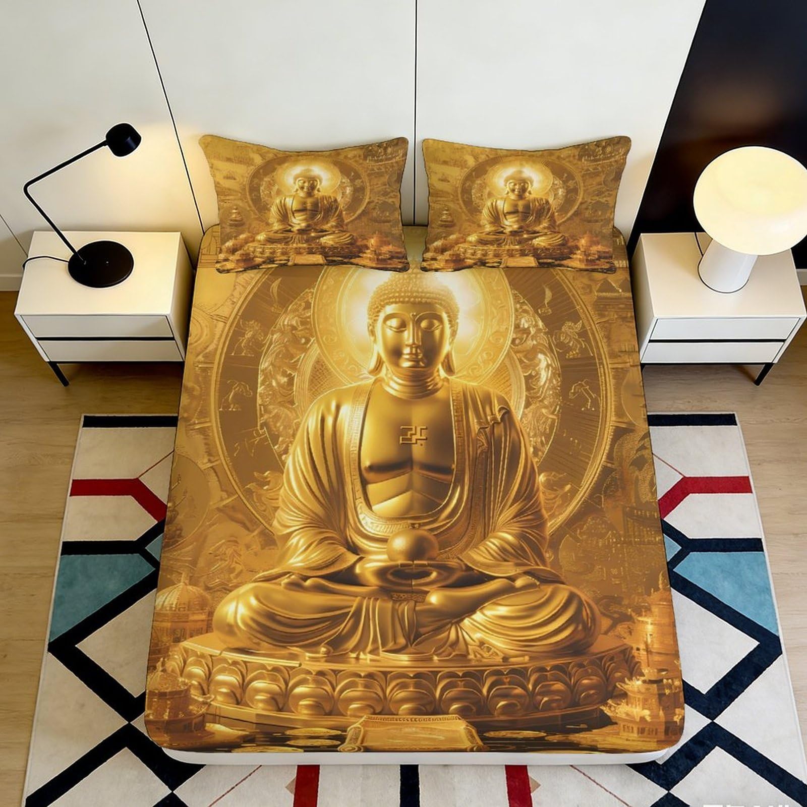 3D Printed Golden Buddha Fitted Sheet Microfiber Decorative Bed Cover for Bedroom Guest Room Easy Care Dustproof 90x200x25cm