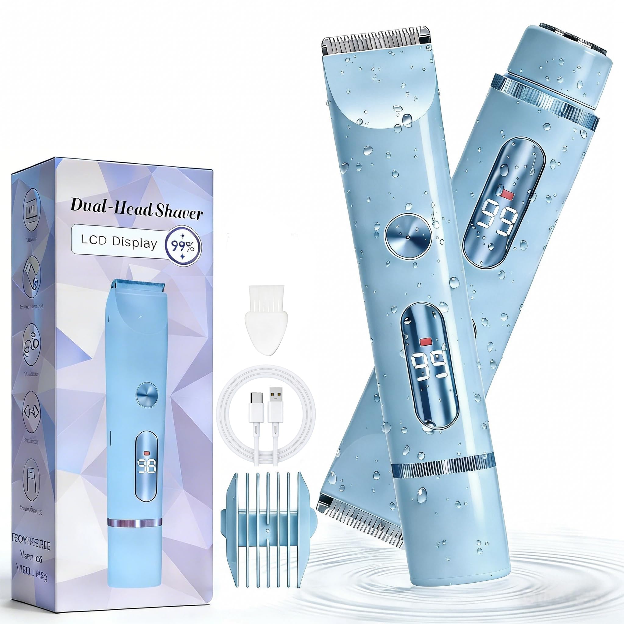 Rasoio Elettrico da Donna 2 in 1, IPX7 impermeabile per uso bagnato e asciutto, Depilatore Corpo Donna, Bikini Trimmer Senza Fili per Gambe Braccia Ascelle e Zona Bikini, Viso e Corpo (Blu)