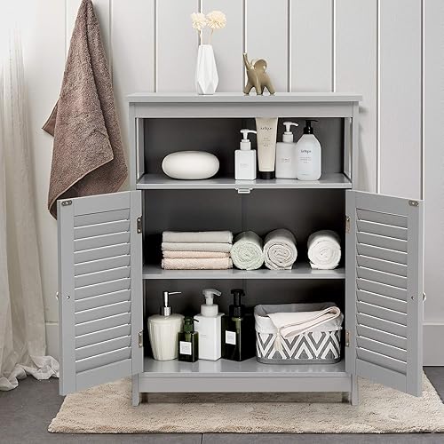 Miniatura 4 de Tangkula - Armario de Piso para Baño, Armario de Almacenamiento Independiente de Madera con Puerta de Doble Persiana y Estante Ajustable, Armario de