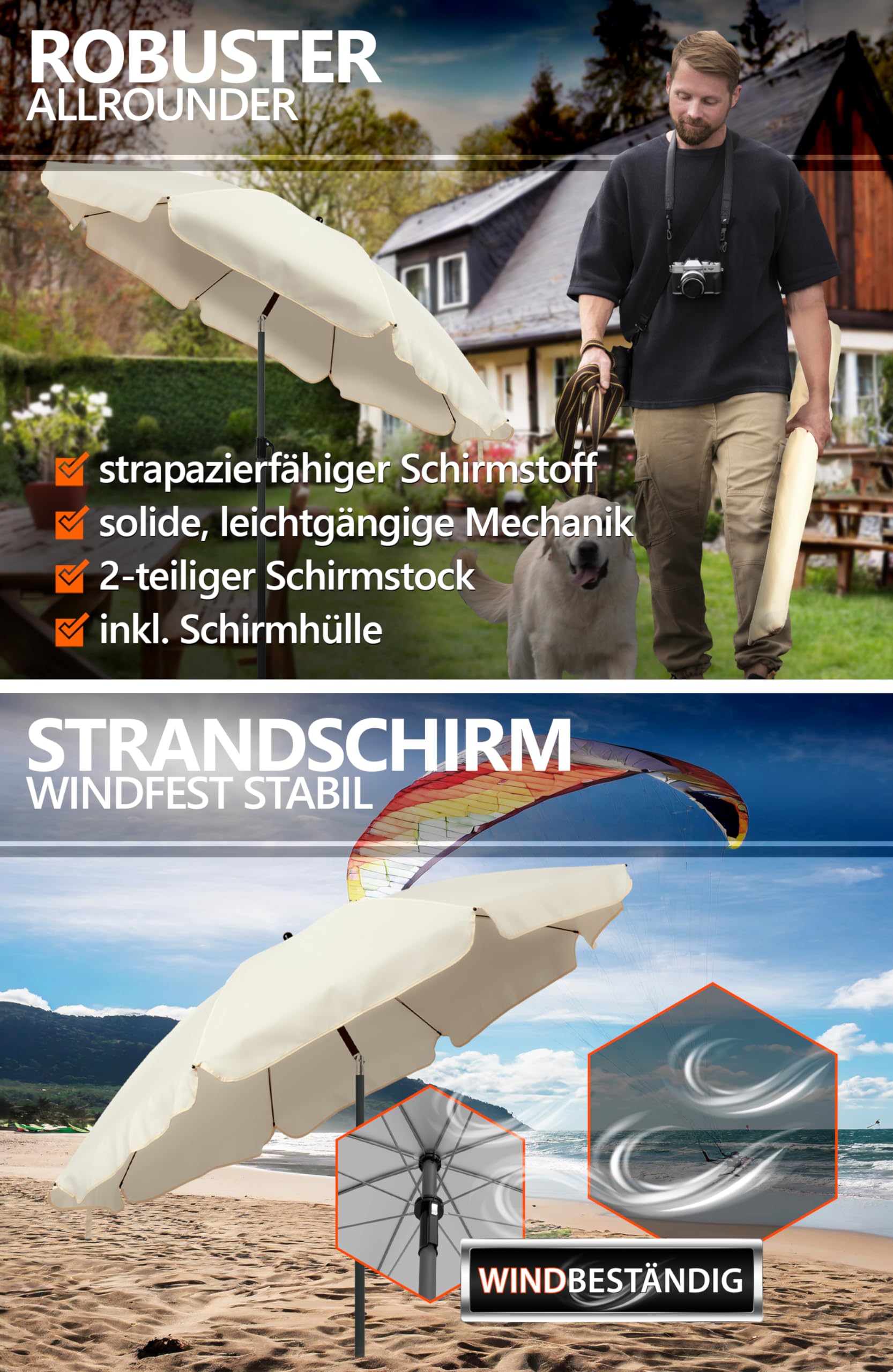 4smile Sonnenschirm Balkon Ø 180cm, Beige - Sonnenschirm Strand mit Hülle - Balkonschirm mit Knickfunktion, UPF 50+ Gartenschirm, Strandschirm windfest stabil SunnyJoy