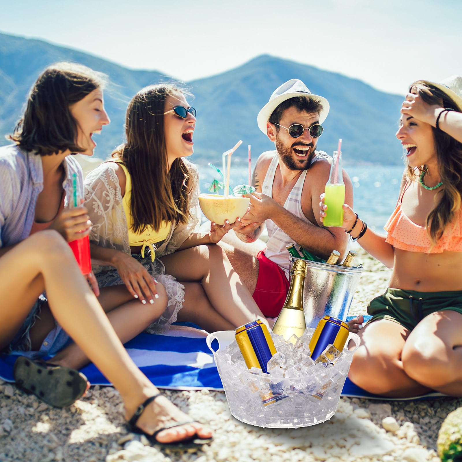 Geelin 12 cubos de hielo de plástico transparente para vino, champán, vino, cerveza, enfriador, fiestas, contenedor ovalado de almacenamiento con 3 cucharas de hielo para cóctel (transparente)