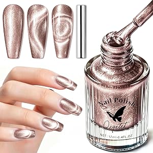 Cat Eye Nail Polish Non Gel with Magnet, Quick Dry Holographic Magnetic Cat Eye Lacquer, Rose Gold Shimmer Glitter Color Air Dry Nail Polish for DIY Manicure 12ml