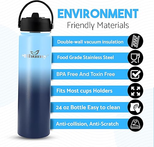 Miniatura 4 de Bhumy Botellas de agua de acero inoxidable  Botella de agua aislada de acero inoxidable de doble pared de 24 onzas  Botella de agua con popote y 2