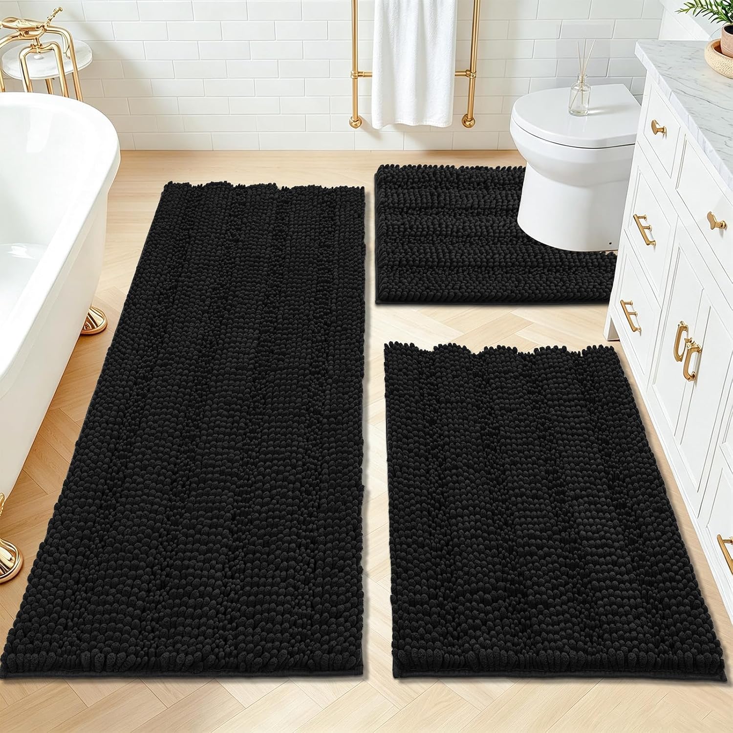 HEBE Bathroom Rugs Sets 3 Piece, Non Slip Washable Chenille Bath Mat Set