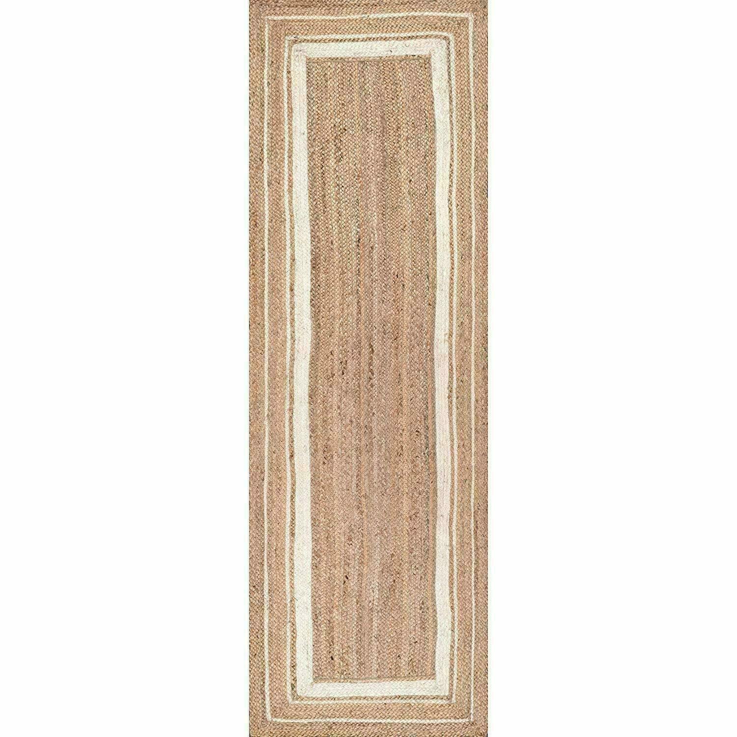 Tapis de Couloir en Jute Beige et Blanc ligné Fait à la Main (60 x 360 cm)