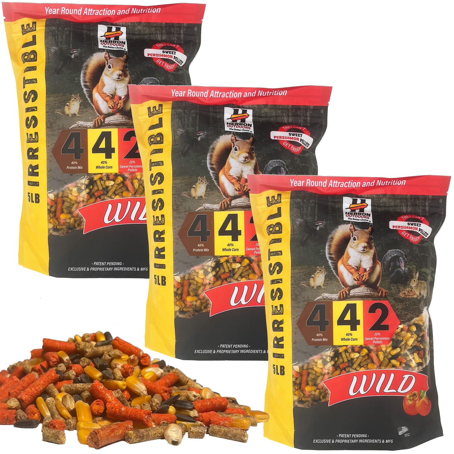 Herron Outdoors 4-4-2 Wildlife - Squirrel Food with Persimmon Flavored Protein Pellets, Corn Balanced Diet Formula Attracts 28 Species Ideal for Bird & Squirrel Feeders- 5lbs (3pack)