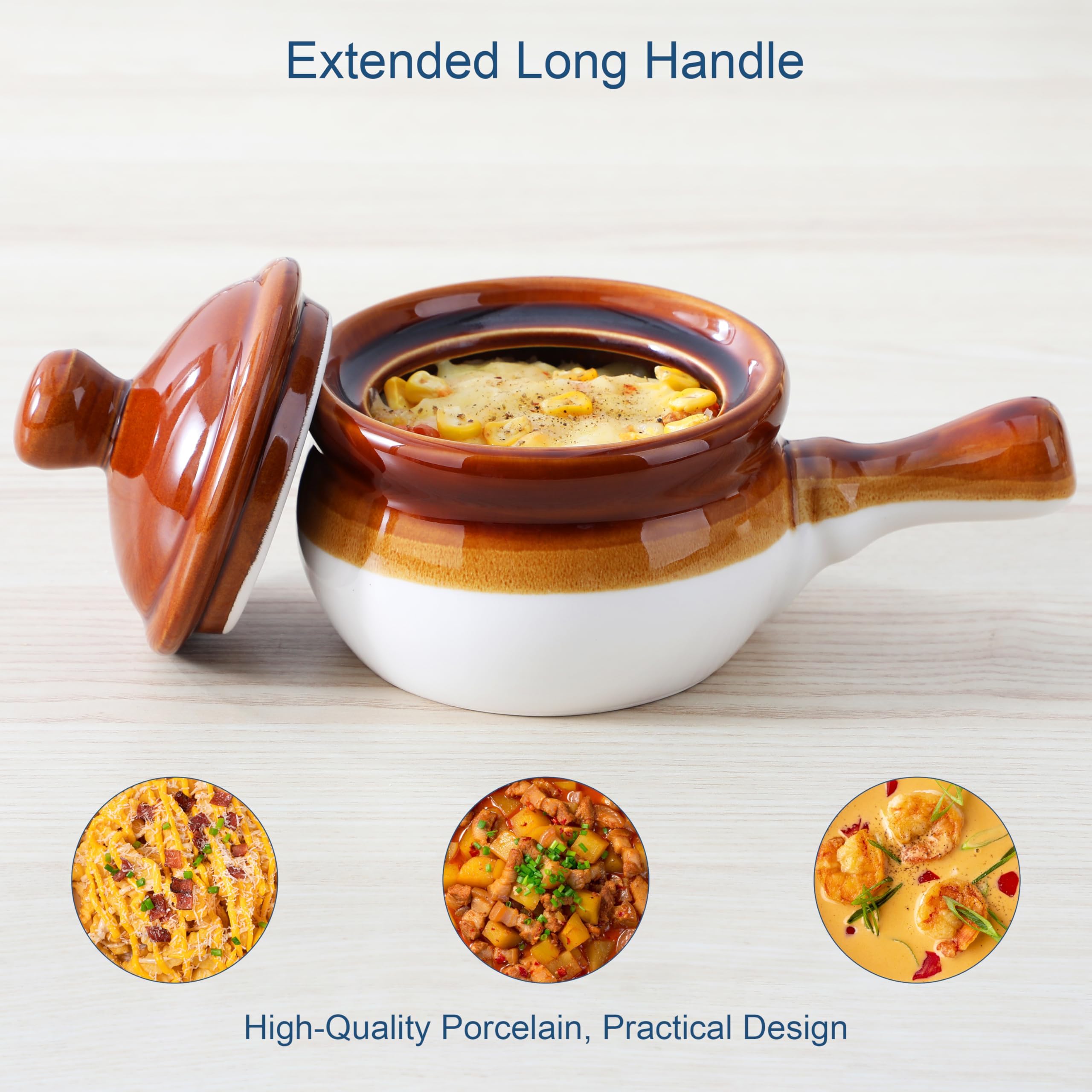LOVECASA 4 Porcelain French Onion Soup Bowls | 600 ml | Long Handle Soup Pot for Chili, Cereal, Beef, Pies | Dishwasher and Microwave Safe | Brown and