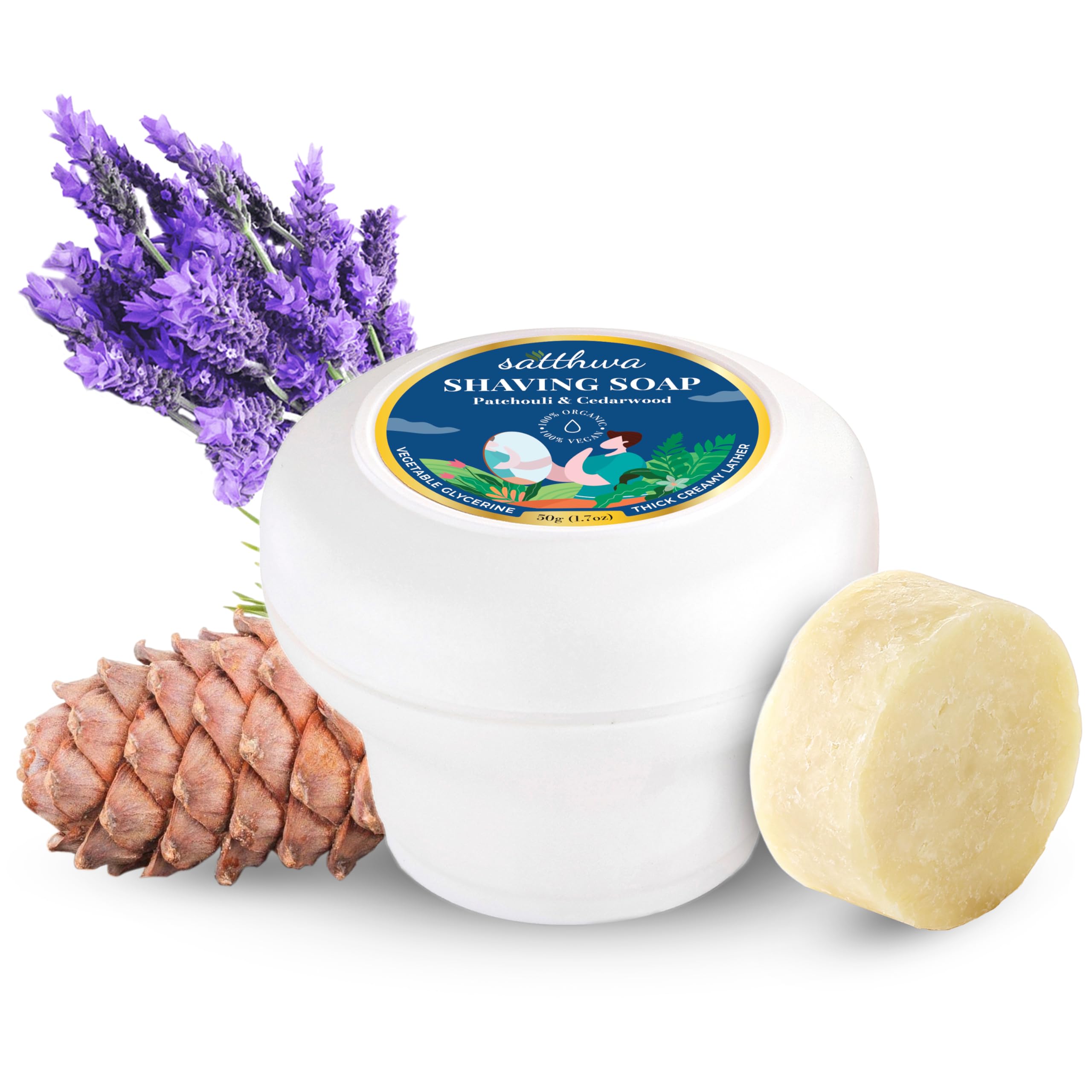 Satthwa Organic Shaving Soap Puck infused with Patchouli & Cedarwood | Create the Perfect Lather | Excellent for Silky Smooth Shaves | Hydrates and
