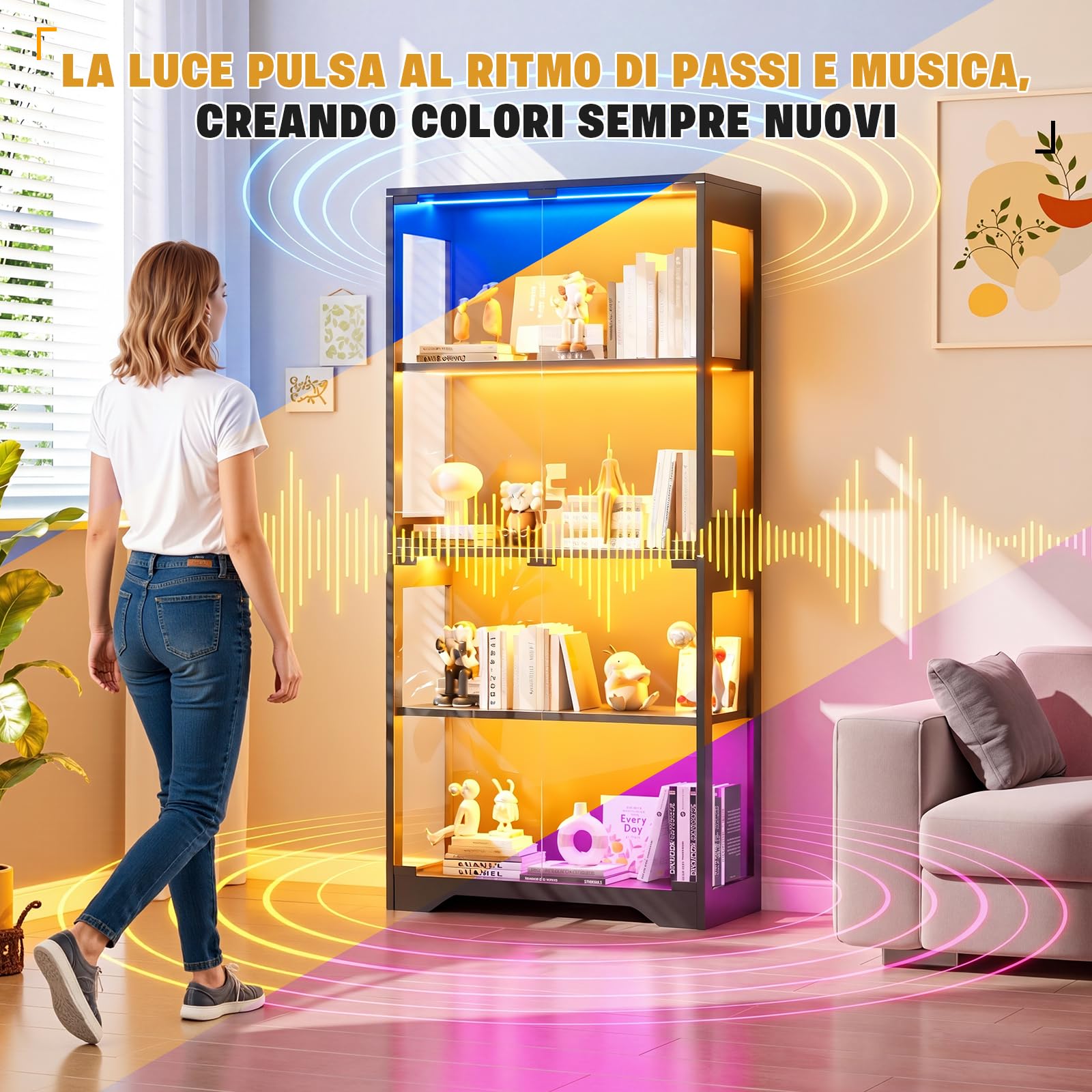 JUMMICO Vetrina in vetro con illuminazione LED colorata effetti luminosi dinamici da parete per figure in piedi legno vetrina in vetro per oggetti da collezione 4 livelli, nero, 80 x 35 x 165,5(H) cm
