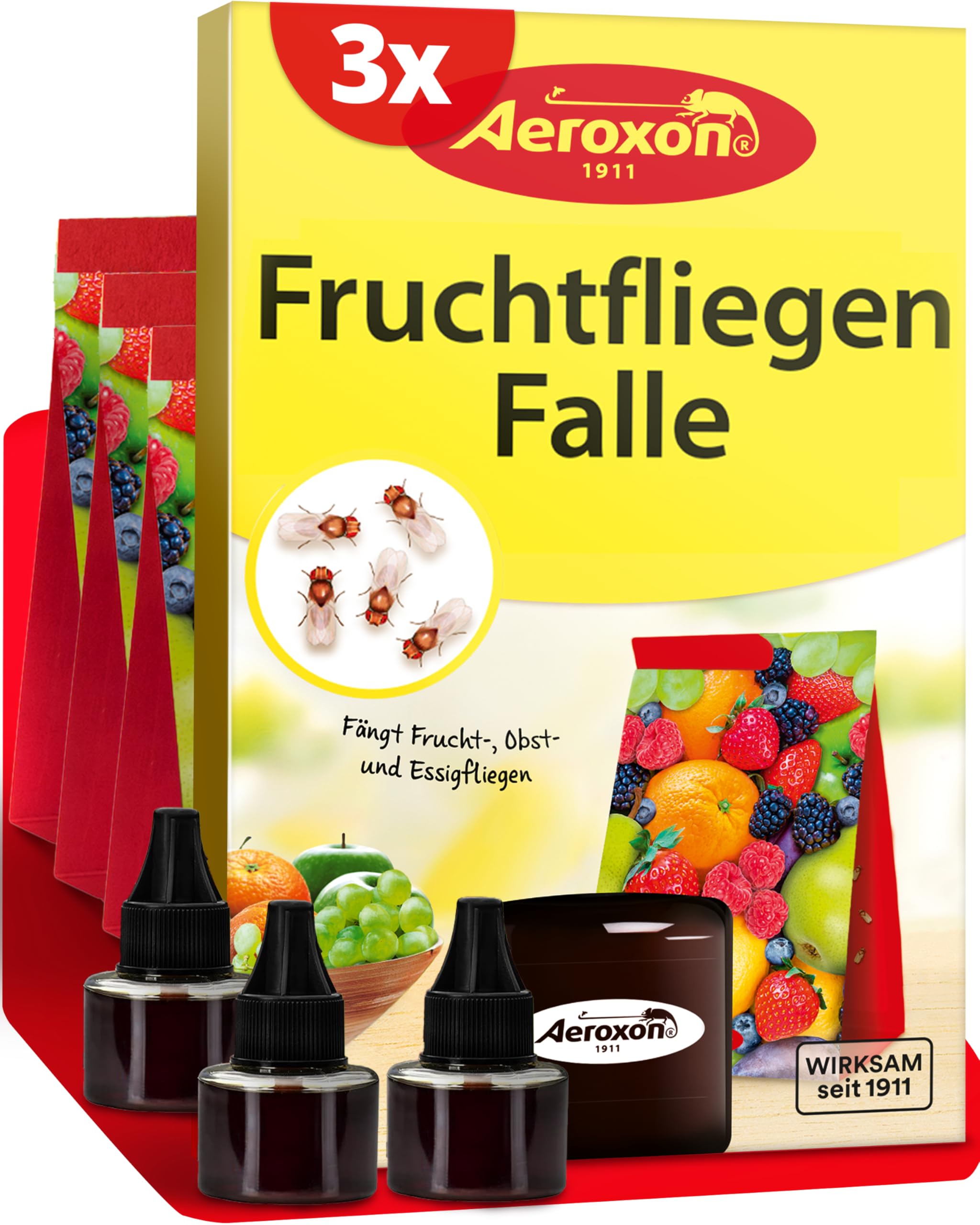Aeroxon Fruchtfliegenfalle für Küche – 3 Stück hochwertige Fruchtfliegen Falle gegen Fruchtfliegen – Obstfliegenfalle küche & Fliegenfalle Innenbereich, bis zu 8 Wochen wirksam