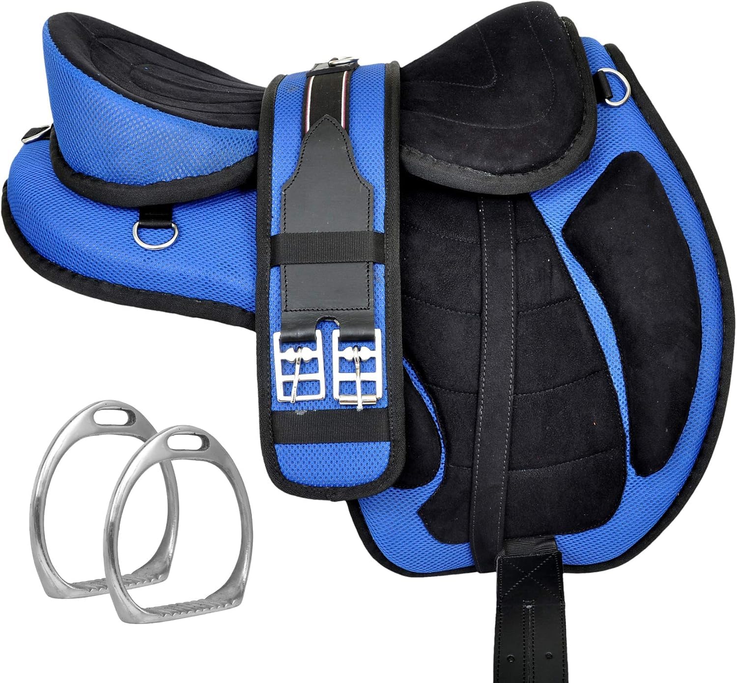 ADB CREATIONS All Purpose Pony and Adult Synthetic Treeless Freemax English Horse Saddles Size with Matching Girth & Aluminum Stirrups 10 to 18 Inch Seat (Blue, 11" Inch)