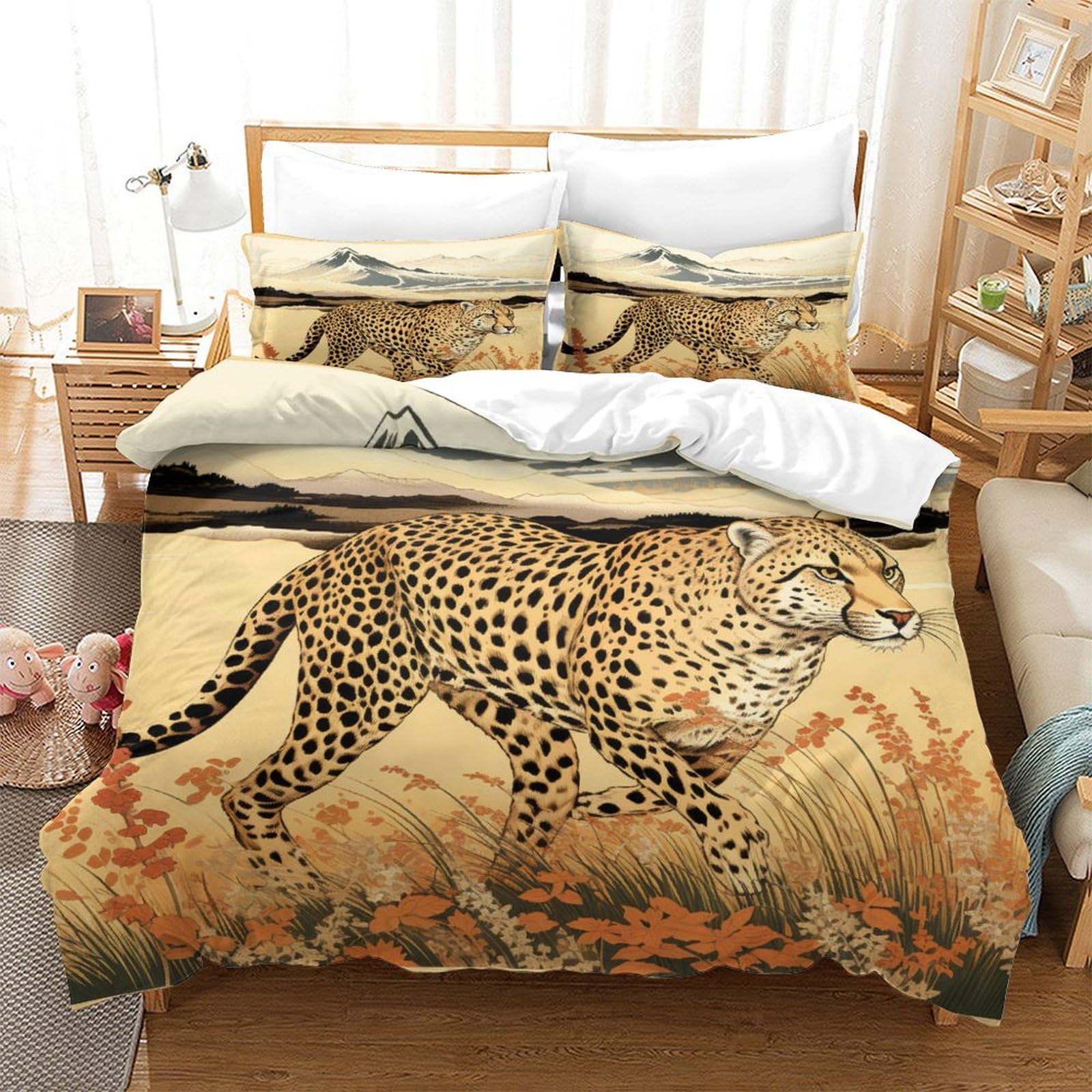 P1S9U7W5Y Wild Animal 3D Printed Cheetah Duvet Cover Set 3pcs Microfiber Safari Bedding Set King