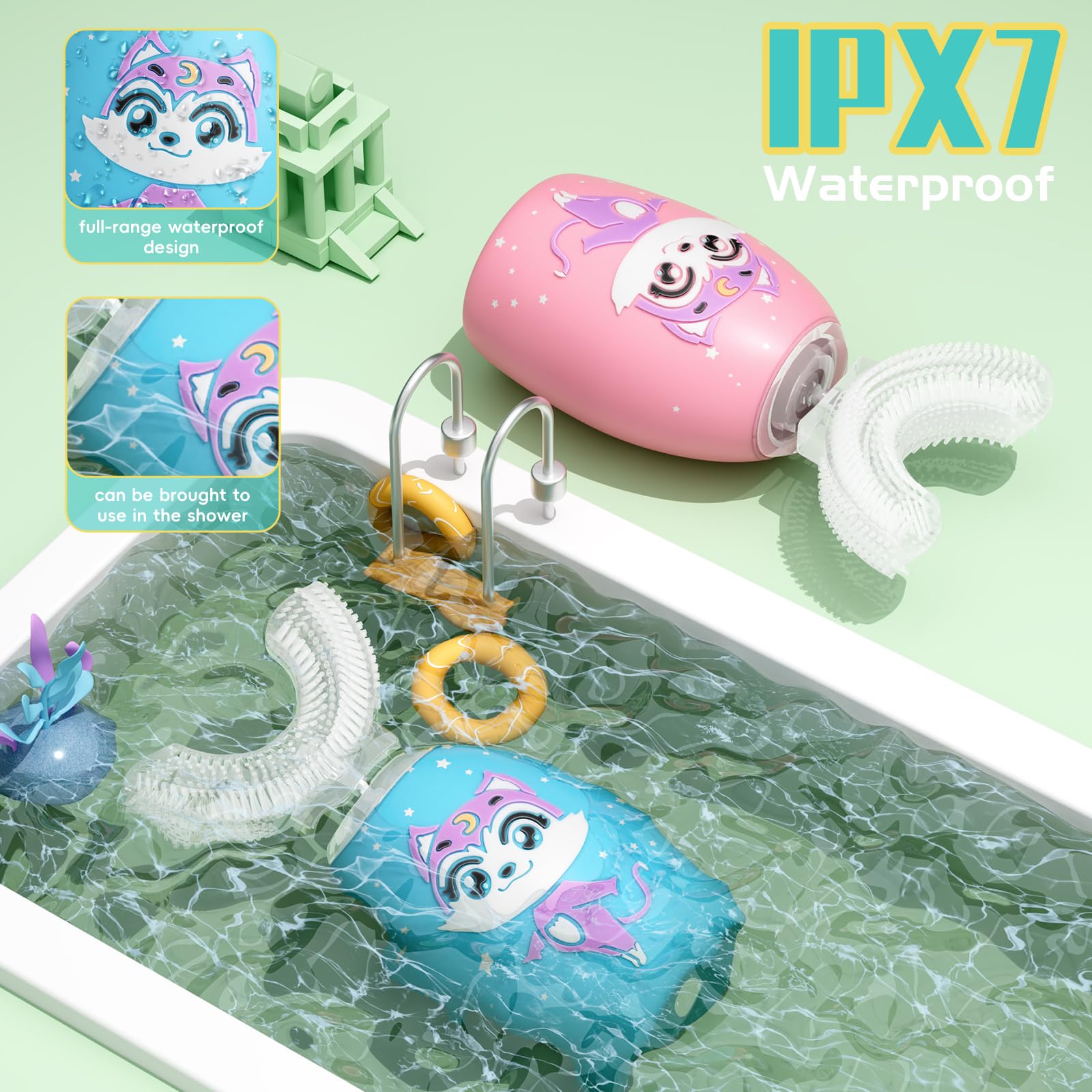 Spazzolino elettrico a forma di U per bambini con 4 testine, spazzolino sonico per bambini con timer 60s, design impermeabile IPX7, età 2-14, motivo carino blu
