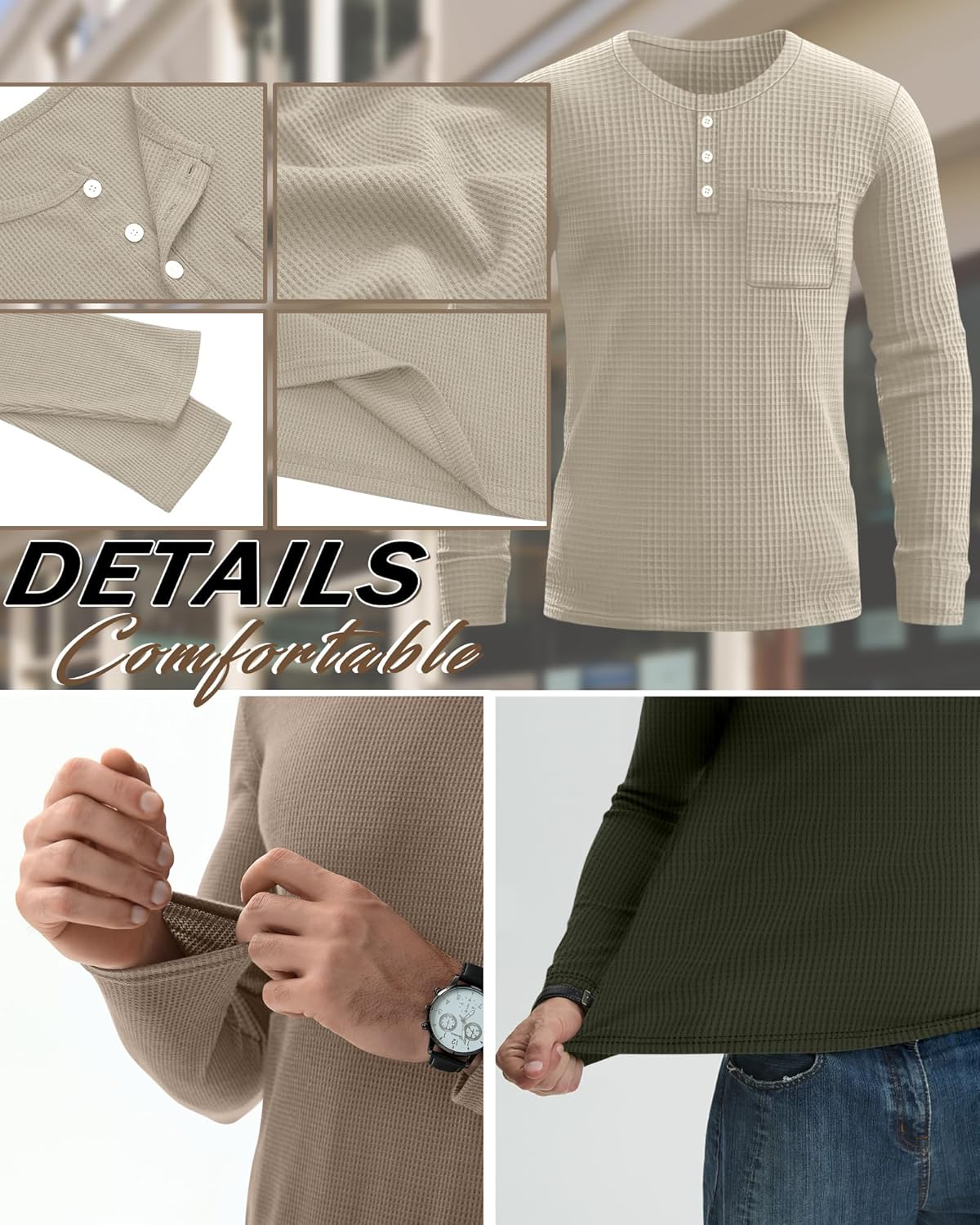3 Pack Men's Waffle Henley Long Sleeve Thermal Shirts, Lightweight Casual Undershirts Pullover Tops with Pockets - Image 4