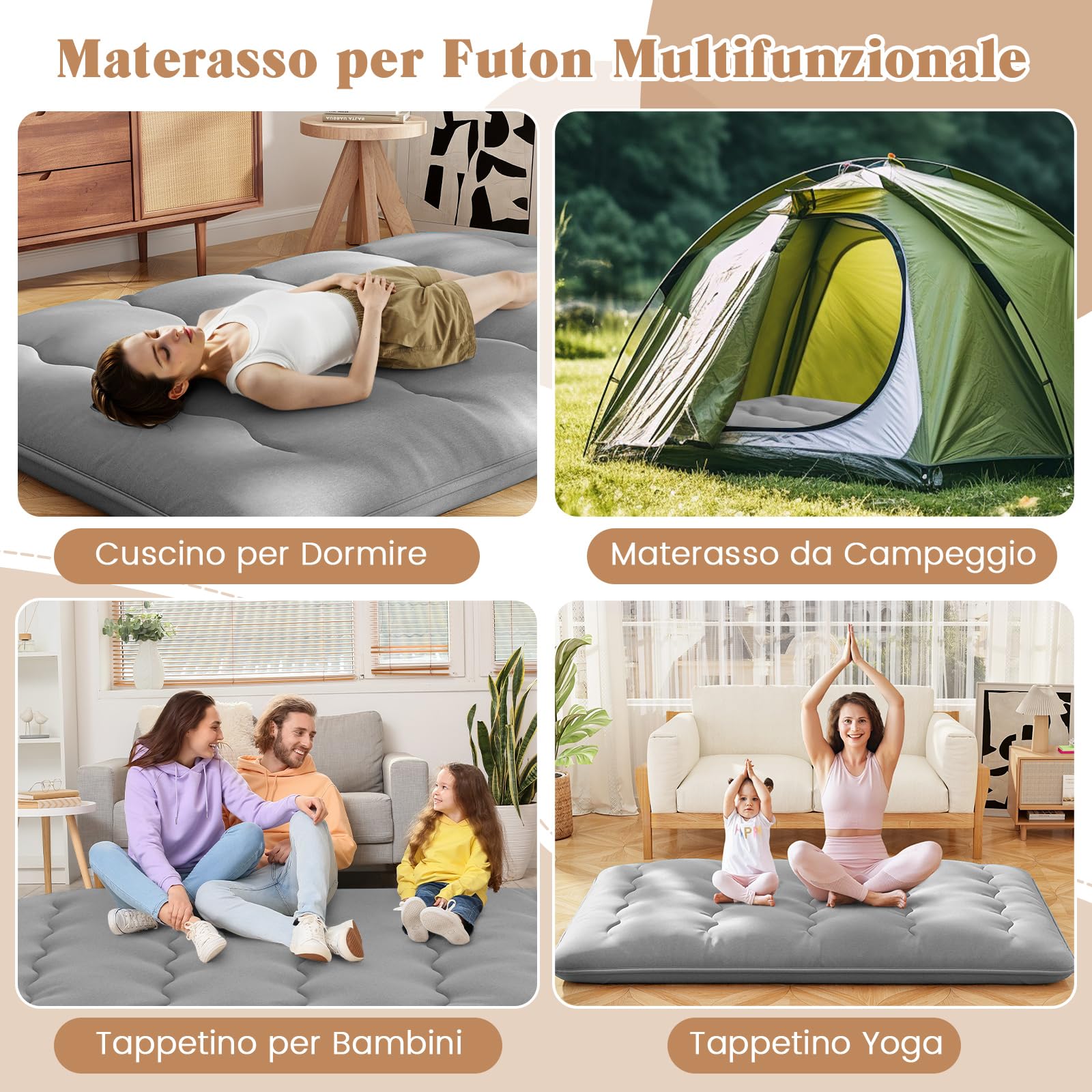COSTWAY Materasso Futon Pieghevole, Materasso Portatile con Sacca da Trasporto per Camping, Materasso da Terra con Copertura Lavabile (Grigio,200 x 140 cm)