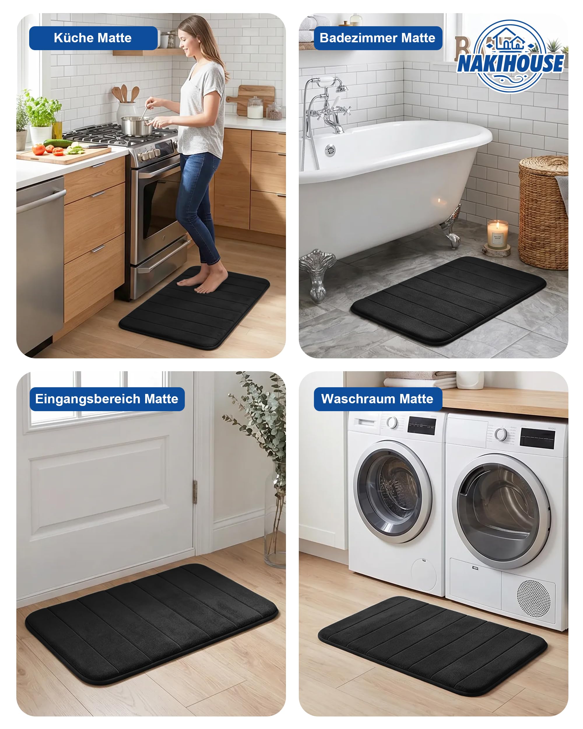 Badezimmerteppich Set 3 Teilig aus Dicke Memory Foam rutschfest Saugfähig Waschbar Weich Schnell Trocknend Badematte Set und U Förmige wc Vorleger für Dusche, WC & Badewanne,Schwarz