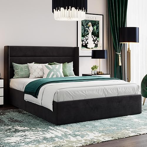 Miniatura 18 de SHA CERLIN Cama de Almacenamiento Elevable Tamaño King/Tapizada en Terciopelo/Cabecera Moderna con Respaldo de Ala/Marco de Cama Plataforma