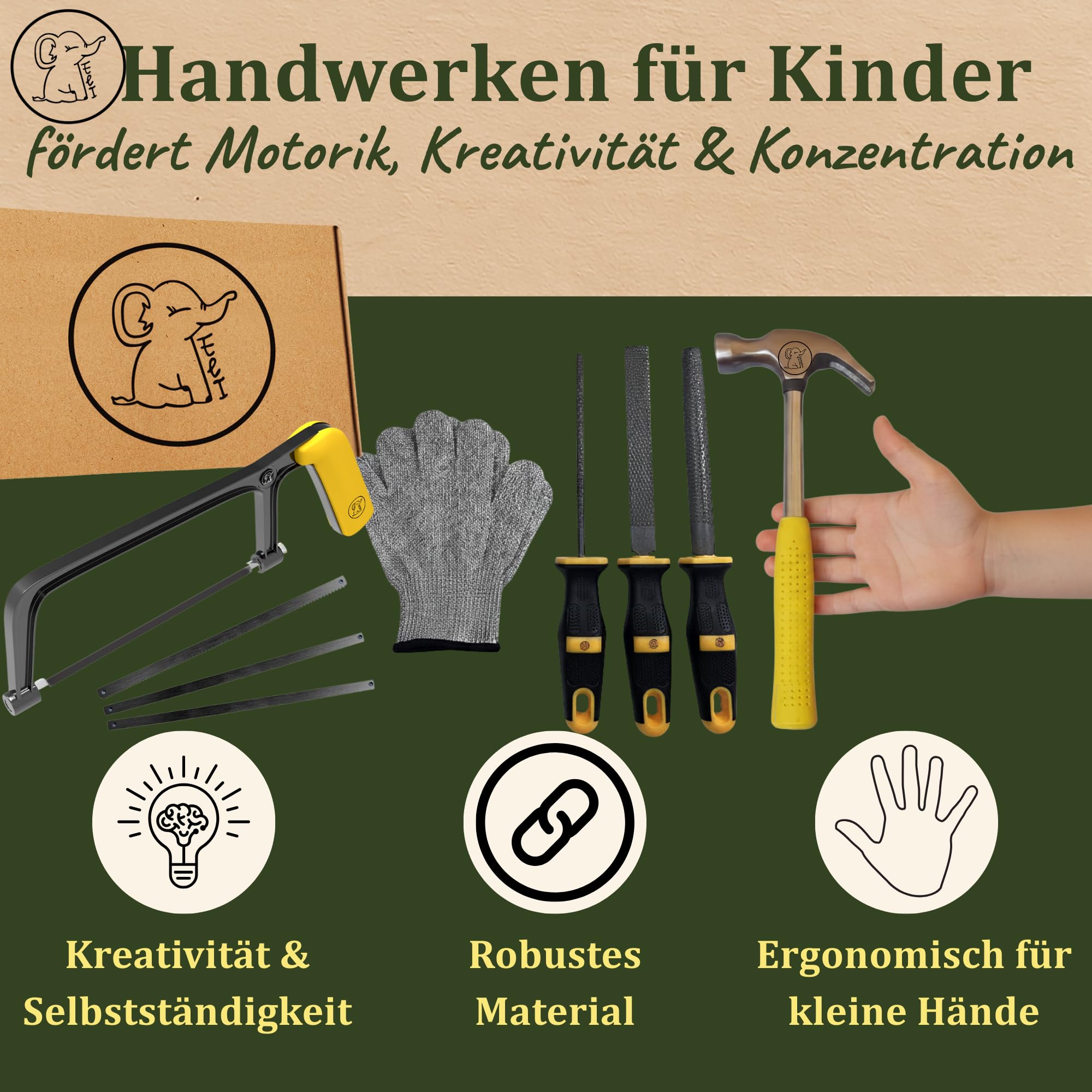 Eli® Kinderwerkzeug Set ab 6 Jahre inkl Kindersäge - Hammer - Holzraspel - Schutzhandschuhe - echtes Werkzeug Set für alle junge Baumeister und Bauarbeiter - Säge für Kinder - Geschenkidee