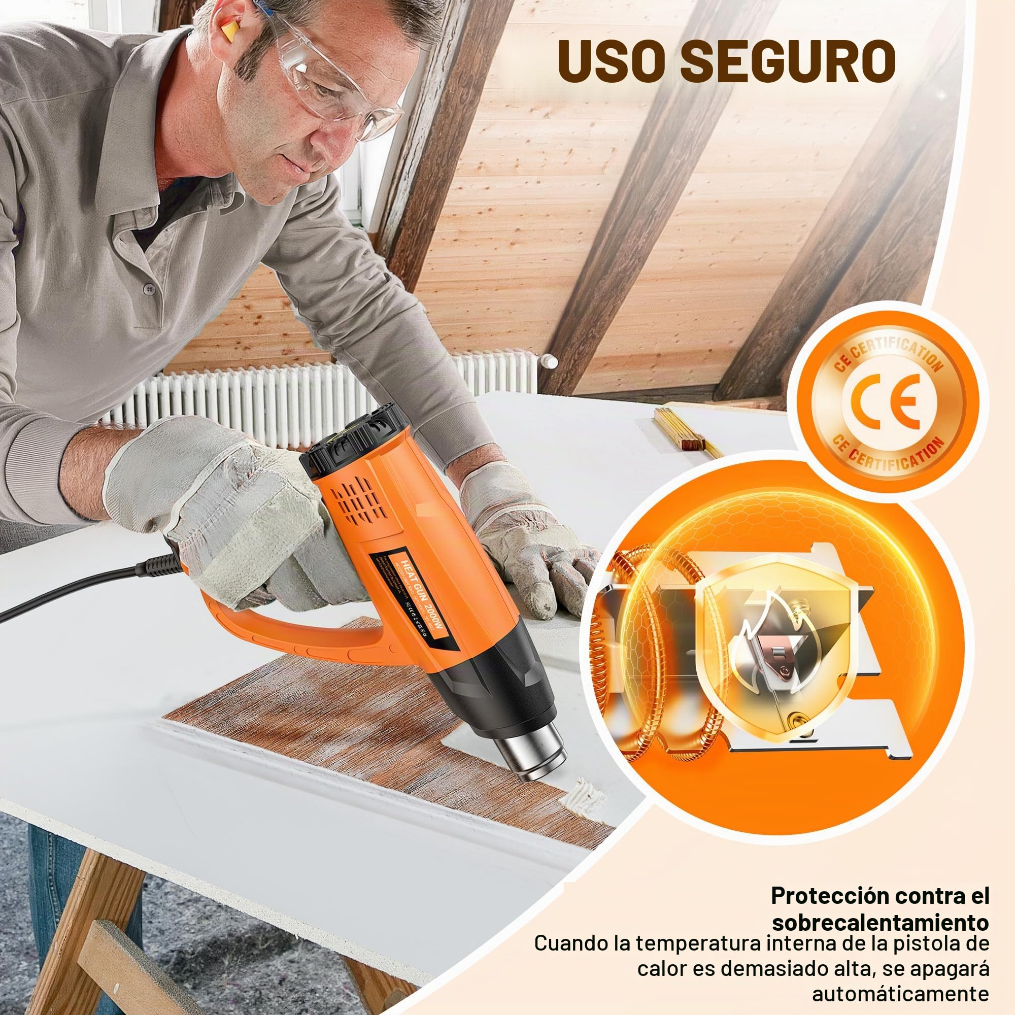 SEEKONE 2000W Pistola de Calor, 60℃-600℃ Pistola de Aire Caliente de Temperatura Variable, Kit Decapador con 7 Accesorios, Núcleo de Cerámica para Soldar, Quitar Pintura y Calentar