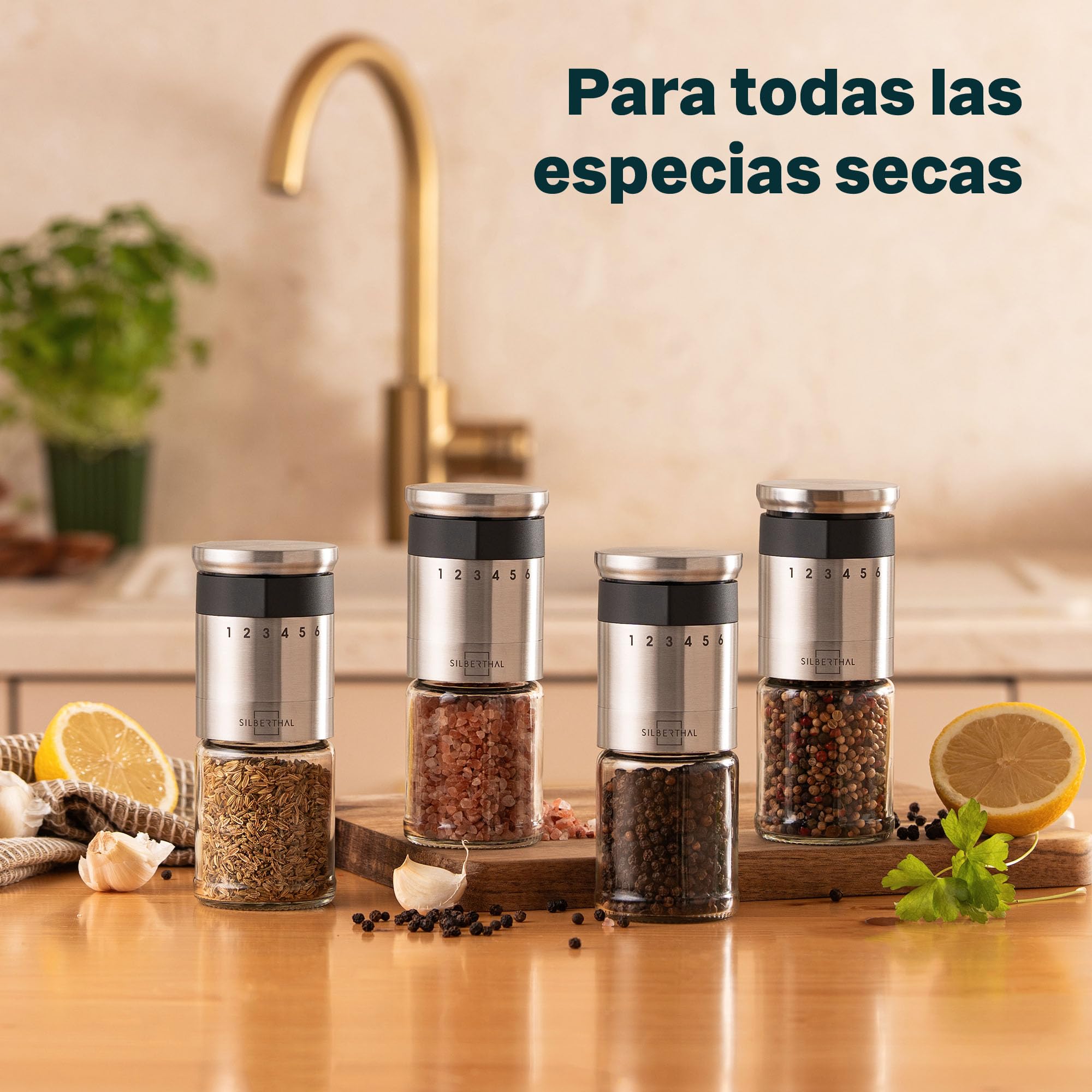 SILBERTHAL Set 2 molinillos de pimienta y sal - Ajustable a 6 niveles - Muela cerámica - Tapa hermética y cristal apto para lavavajillas