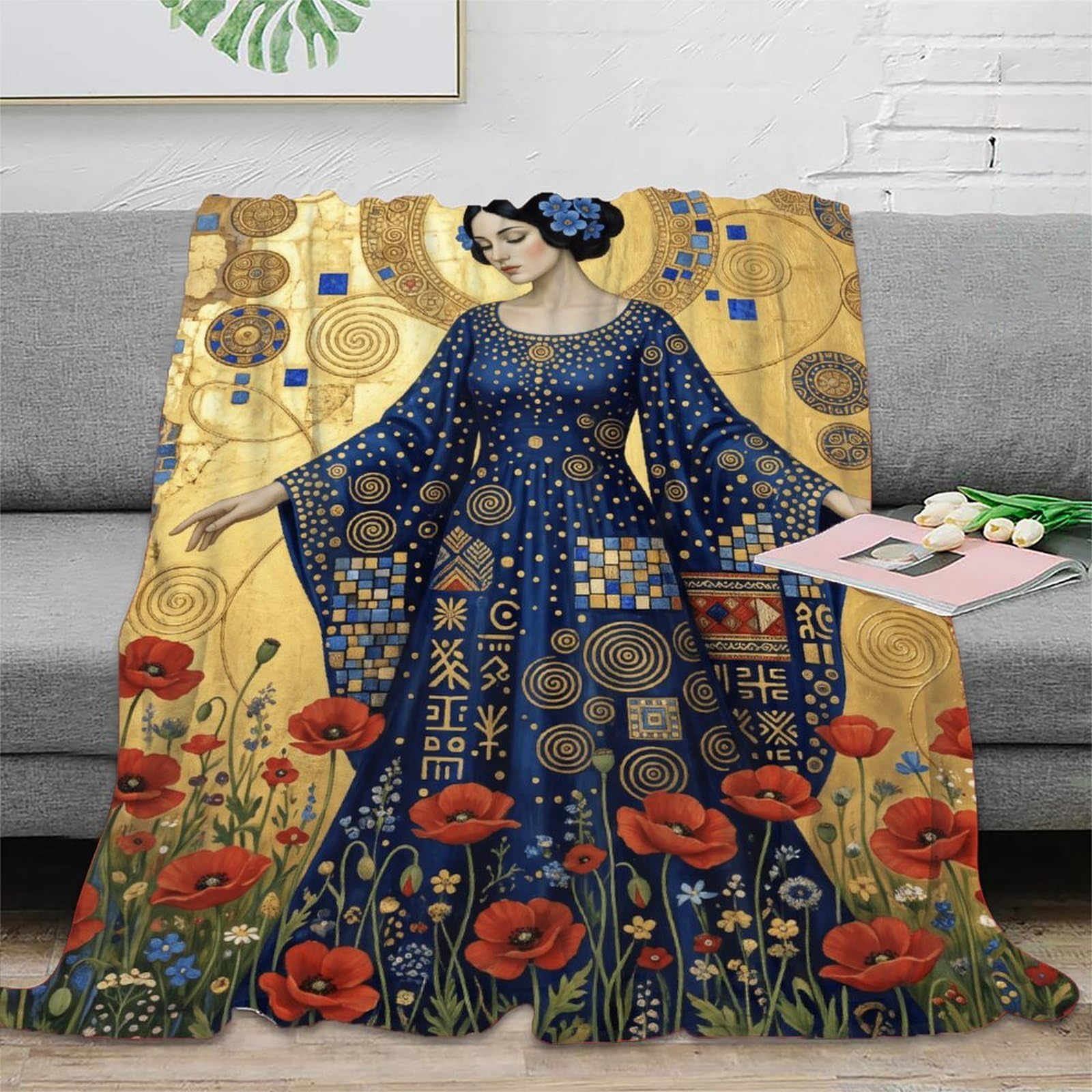 H3B8U2Y5 Golden Mosaic Woman Blanket, Flannel, TV, Ornamental Pattern Style