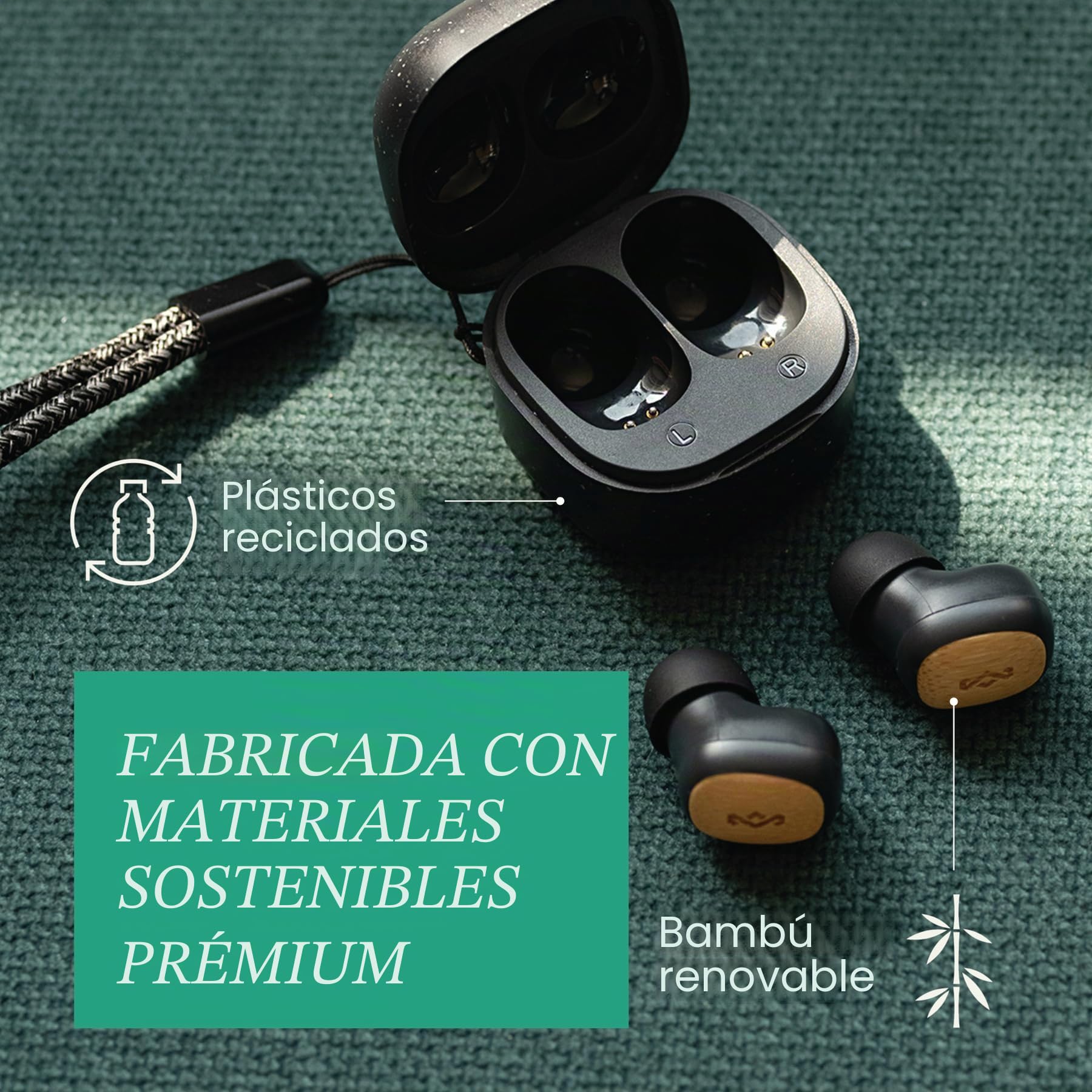 House of Marley Smile Jamaica True Wireless Earbuds In-Ear TWS - Negro | Pequeños Auriculares Bluetooth, 14 Hrs de Reproducción, Mini con Estuche de Carga, Materiales Sostenibles