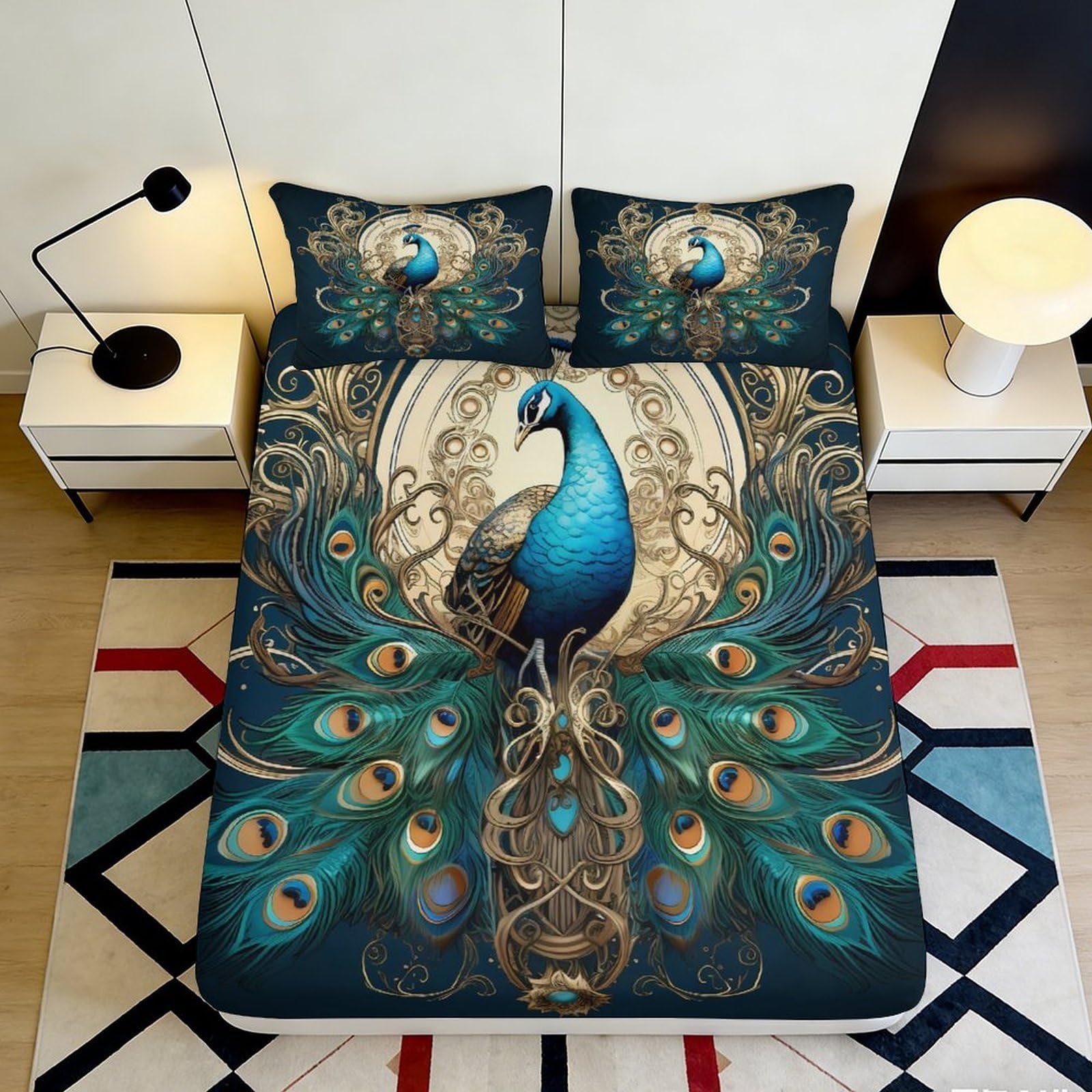 Qjzxknhpgr Style-8 3D Printed Peacock Feather Fitted Sheet Microfiber Soft Elegant Blue Gold Mattress Cover Bedroom Decorative 90X200x25cm