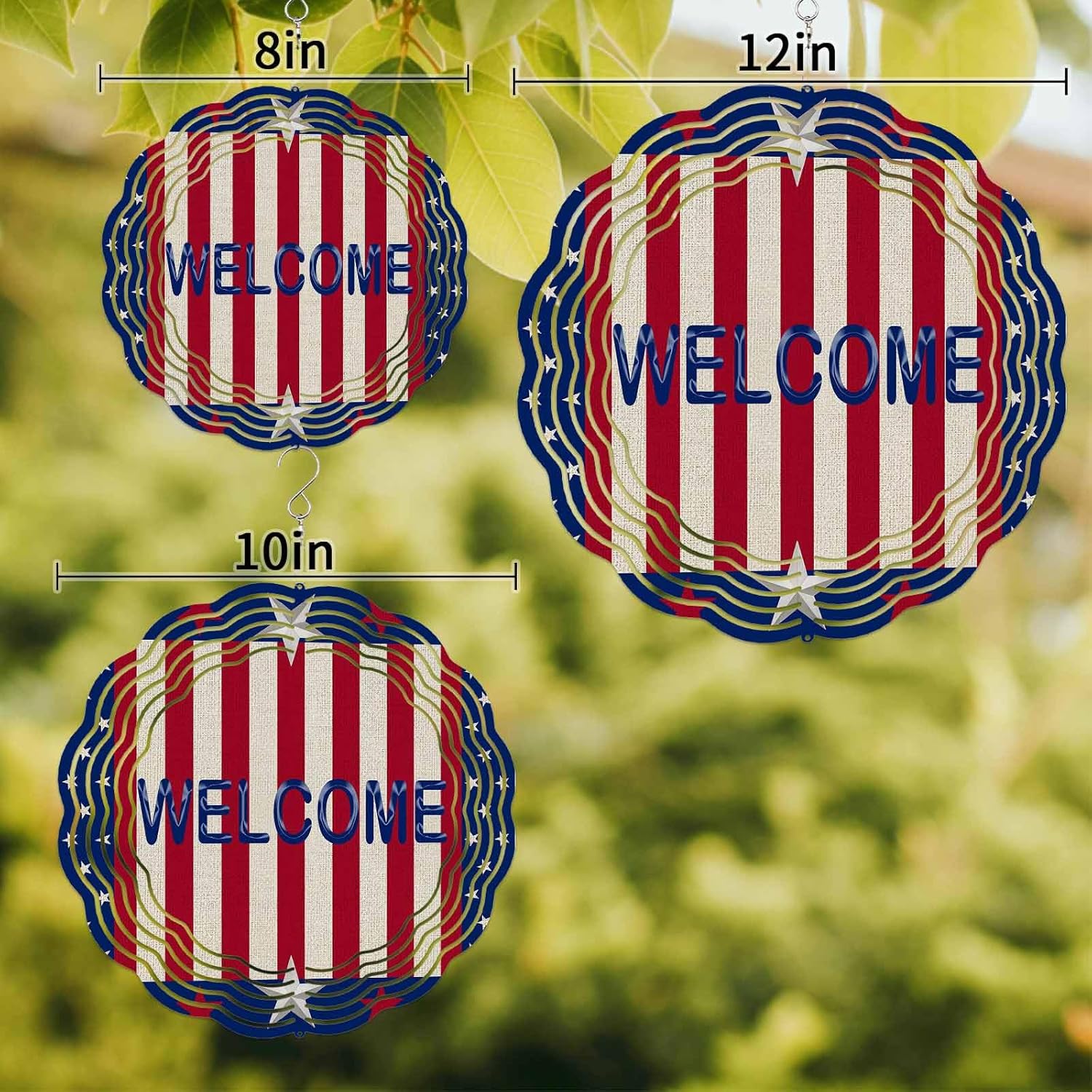 Independence Day Stars Red Stripes Welcome Quote Wind Spinner for Garden Yard 3D Stainless Steel Hanging Wind Spinners, Blue Border Vintage Cotton Linen Spinners Outdoor Metal Decor for Lawn