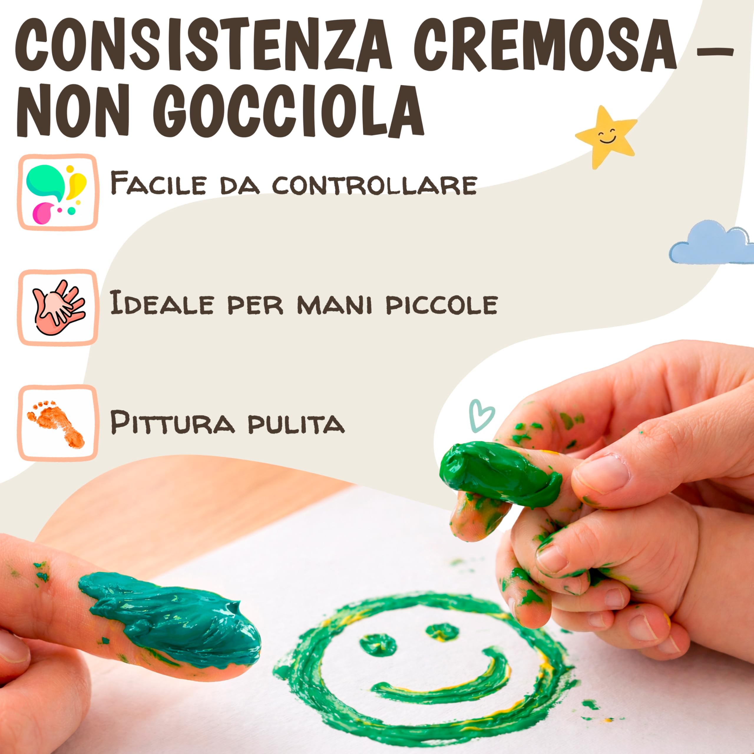 Colori a Dita per Bambini Atossici Lavabili 6x60ml – Set Pittura Bambina da 1 Anno | Pittura Dita, Mani, Piedi | Colori per Impronte Neonati | Tempere Lavabili per Bambini Multi Superficie